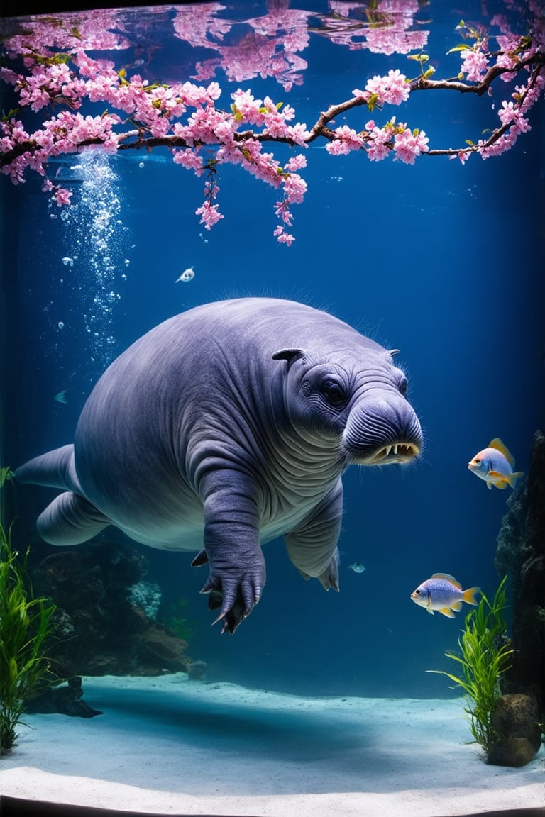 A large manatee floats gracefully in a spacious aquarium tank. Its grey skin is adorned with intricate Japanese-style tattoos. On its back, a fierce oni (Japanese demon) mask is inked in bold red and black, with golden accents highlighting its horns and teeth. Delicate pink cherry blosssom branches with drooping flowers stretch across the manatee's sides, creating a beautiful contrast to the oni. The tattoos appear to shimmer and move with the manatee's skin as it swims. Crystal-clear water surrounds the creature, with small bubbles rising. Soft blue lighting illuminates the tank, enhancing the tattoos' colors. Other fish dart around the manatee, some pausing to investigate the unusual sight. Aquarium 