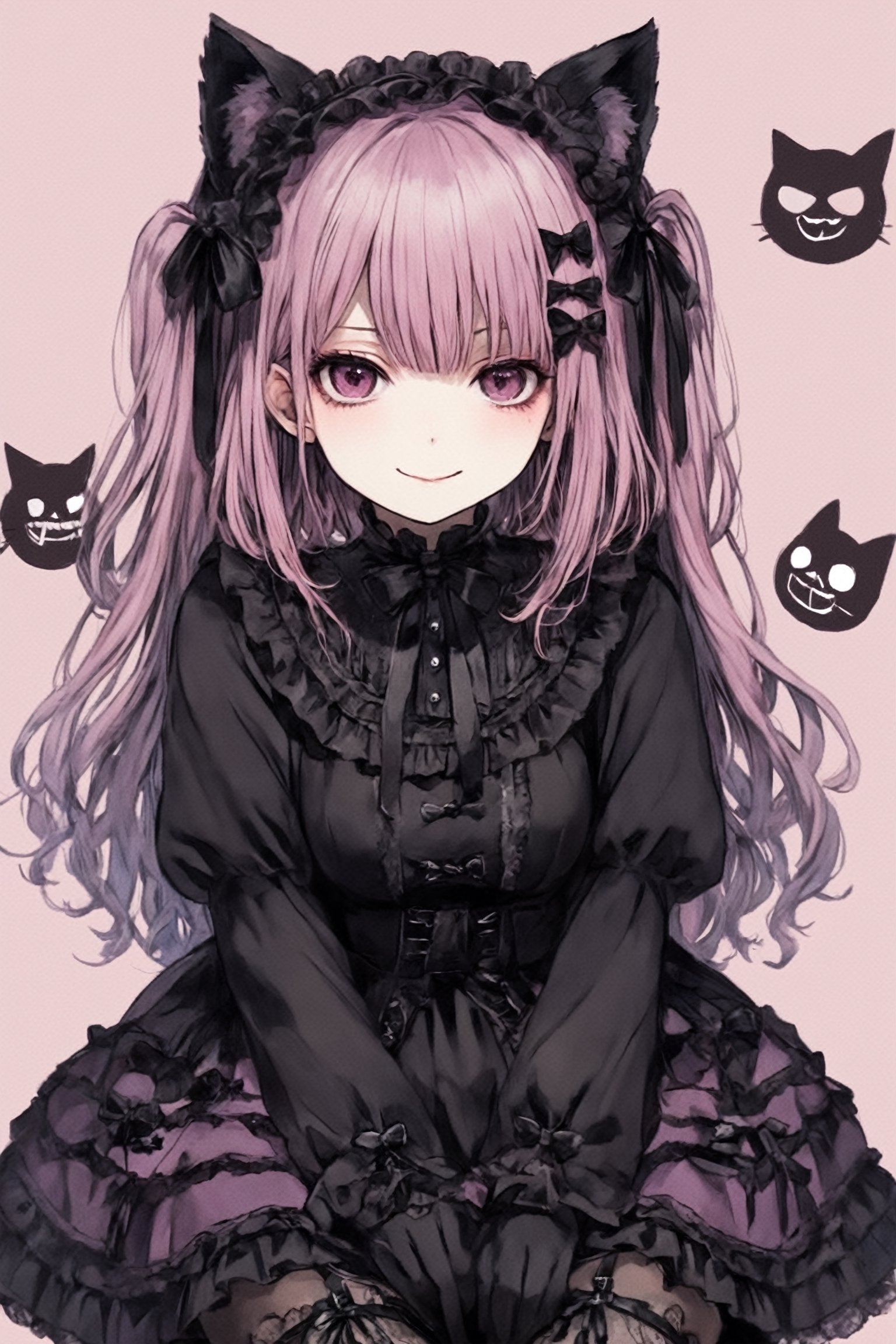 JIRAI-KEI,goth,wicked smile,rounded eyebrows,
Catsuit with cat ears with Lolita impression,Goth makeup,
Long twin-tail hair,CROSS ACCESSORY,Clothes with pink ruffled lace,
Garter belts, thick-soled boots,dal,rem \(re_zero\)
