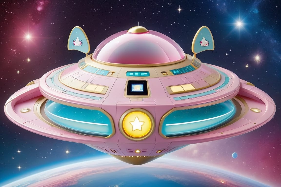 A Sanrio-inspired design of the Starship Enterprise, featuring Hello Kitty as the captain and other beloved characters taking on iconic roles. The ship is adorned with pastel-colored accents, cute character decals, and a playful warp drive. The control panels are transformed into adorable consoles, and the communicator badge is replaced with a charming Hello Kitty emblem. This fusion of sci-fi and kawaii creates a whimsical and delightful Star Trek adventure in the Sanrio universe,kawaiitech,Starship,
