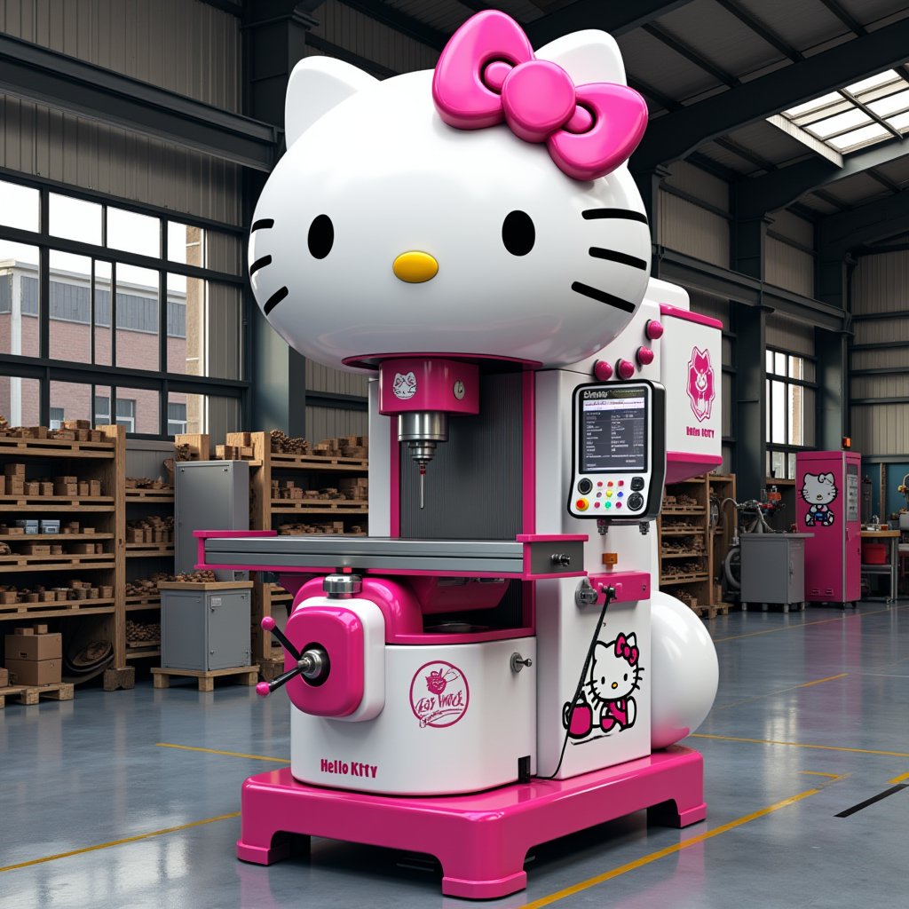 A unique industrial milling machine with a Hello Kitty theme, a standard milling table base in Kitty's distinctive white with pink accents. The main column is shaped like an oversized Hello Kitty doll, with the bow housing the motor. The control panel features Kitty's face, complete with eyes and nose buttons. The spindle head is integrated into Kitty's head, with collets sticking out as whiskers, X, Y and Z axis handles, and a digital readout screen framed by Kitty's iconic hair ribbon. A clear pink acrylic chip guard with a silhouette of Kitty. A coolant nozzle with an image of Kitty holding a watering can. The jaws of the vise are patterned with Kitty's face. The aircraft base features decorative decals of Kitty and her friends. Highly detailed 3D renderings, isometric views, and workshop environments. 4K resolution.