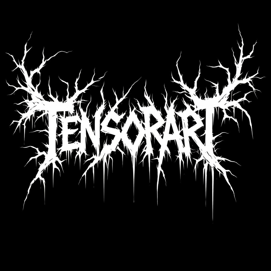 Extreme death metal logo design for the band name "TENSORART". Highly complex and illegible white text on pure black background. Sharp, jagged, and elongated letter forms resembling thorny branches or lightning bolts. Symmetrical composition with extensions above and below. Dripping, melting effect on some letters. Incorporates spikes, serrated edges, and barbs throughout. Gothic and occult aesthetic with a hint of biomechanical elements. Perfectly balanced negative space between letters. High contrast black and white design without any gray tones. Evokes a sense of darkness, aggression, and otherworldly menace.