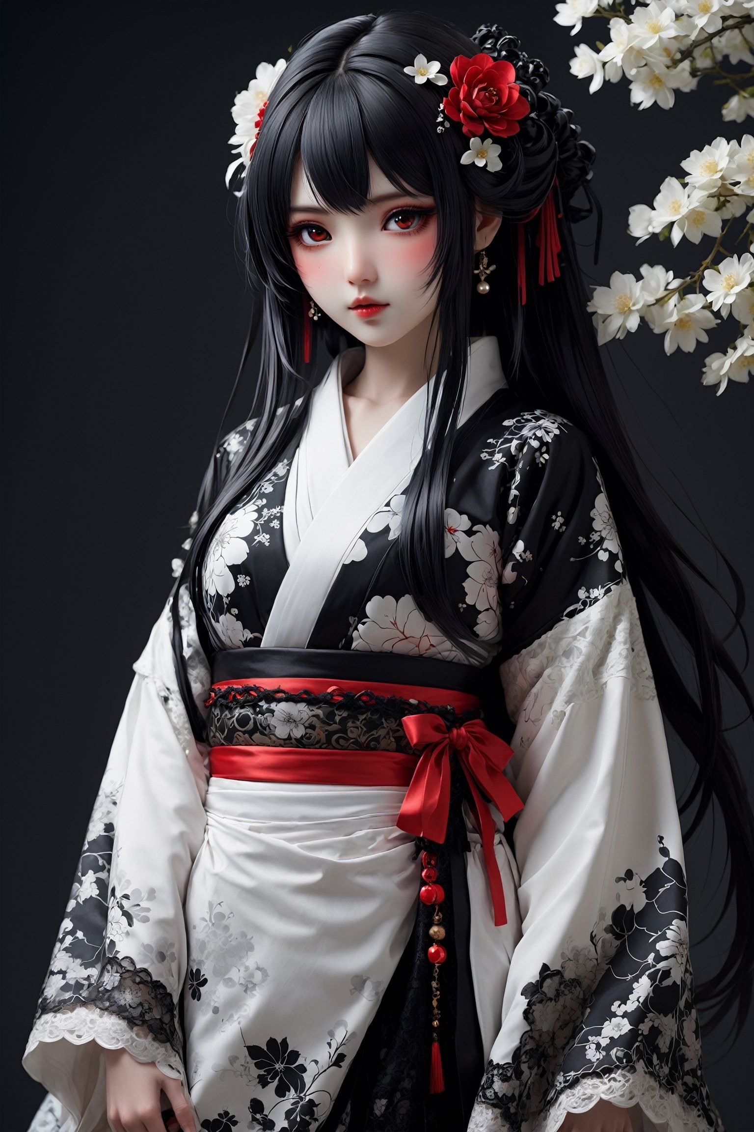 1Girl,The Japanese Gothic fantasy-style, Snow White, combines elements of traditional Japanese clothing with Gothic fashion,Her kimono is predominantly white, adorned with floral patterns and intricate black motifs. Gothic-style lace decorates the cuffs and hem, adding delicate details to the ensemble. Adorning her head is a Japanese-style hair ornament with Snow White's signature red ribbon, complementing her beautiful black hair,dal,white eyes