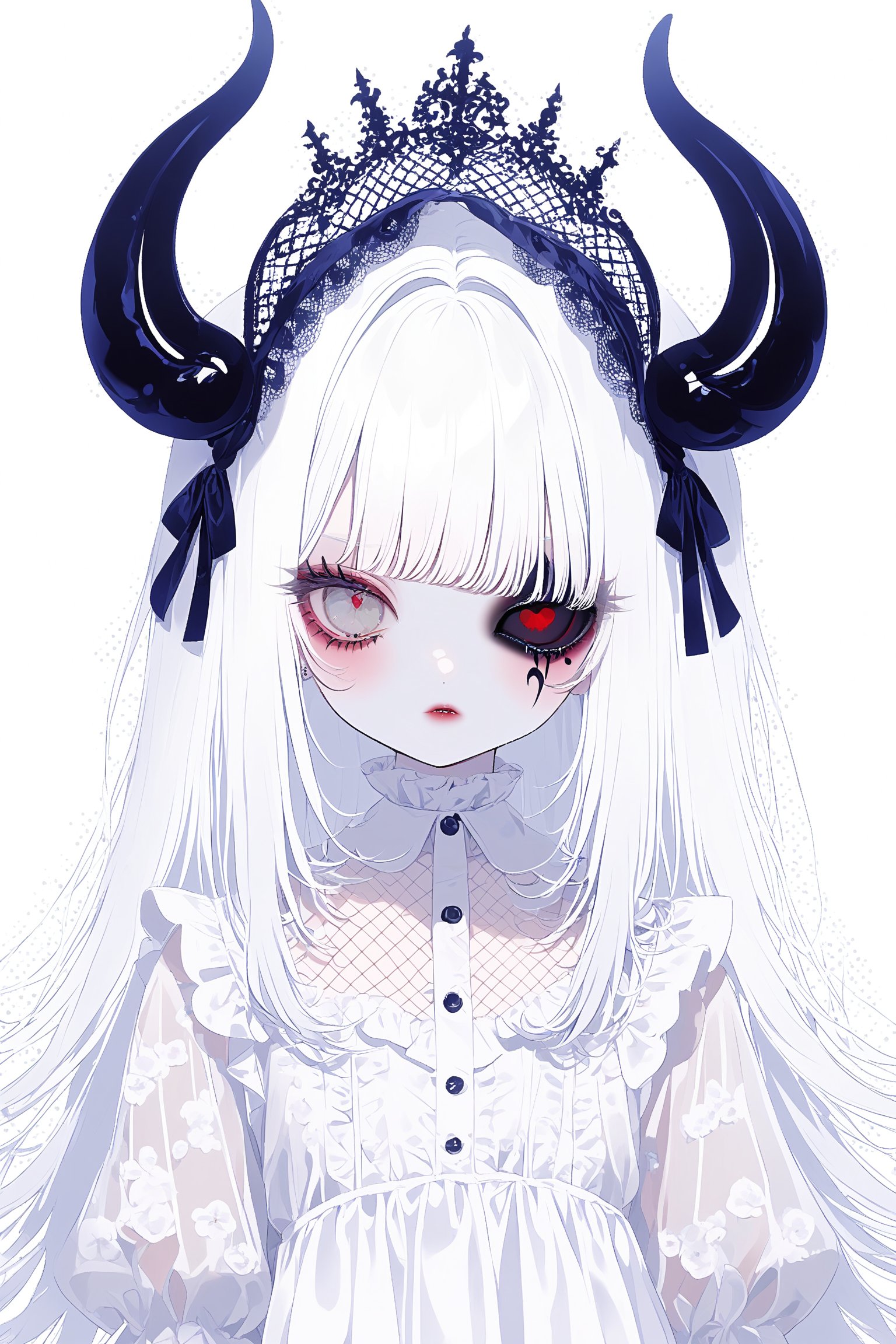 maximum chaos,
1goth girl,ultra cute Harajuku Style grunge fashion, kawaii and Lolita themes, albino demon girl,(pure white 
long hair),(black sclera;1.2),luxury mesh fishnet blouse,dal-1,ct-niji2,black hands