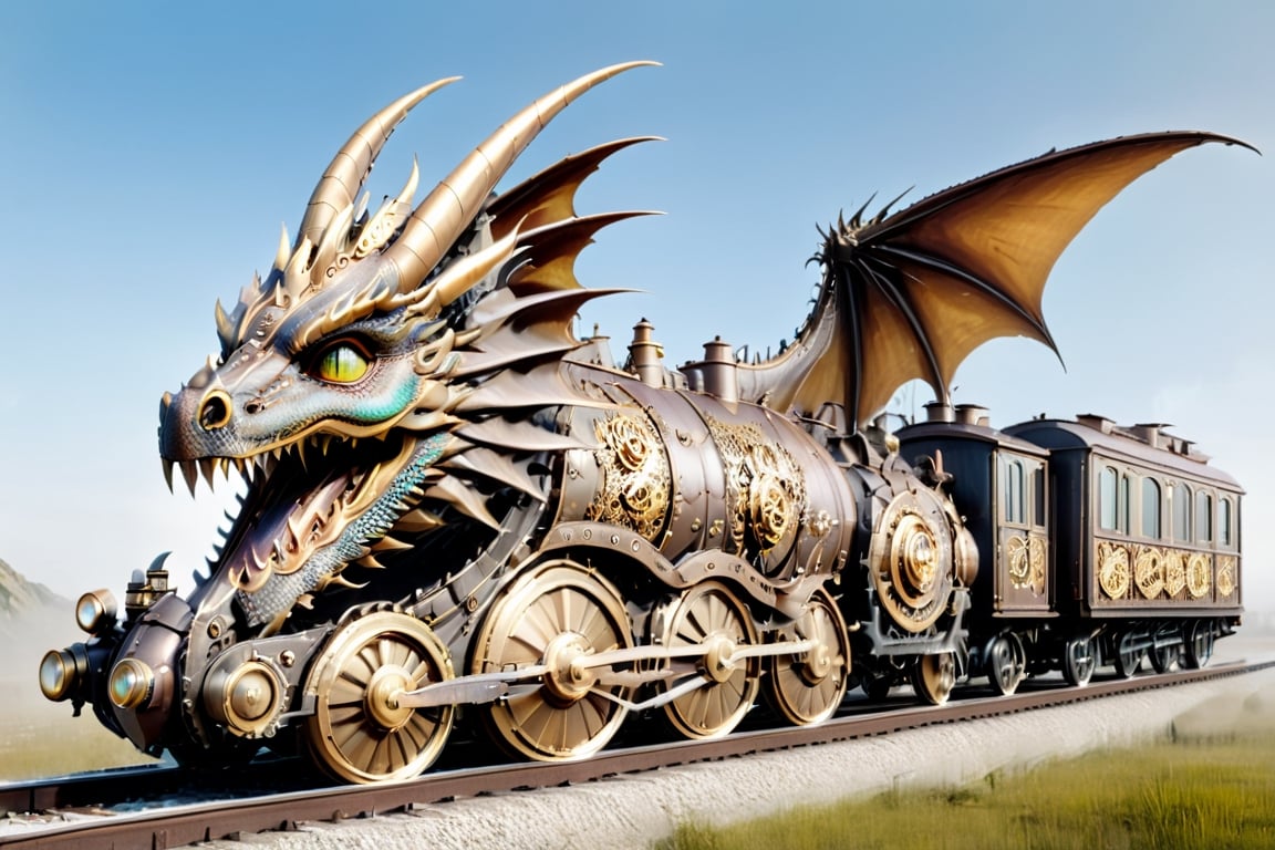 Dragon inspired, dragon themed, 
The steam locomotive, themed after a majestic dragon, boasts a formidable and intricate design. Its imposing exterior is adorned with dragon-inspired motifs, intricately carved into the sturdy metal framework,locomotive's massive wheels are adorned with scale-like patterns, giving a nod to the mythical creature's formidable armor,AbmSTPD,dragon train