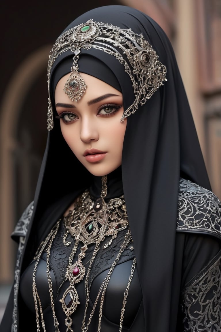 extreme realistic,1  woman,Beautiful middle eastern woman,adorned in a striking fusion of traditional Islamic ethnic attire and edgy Gothic punk fashion. Envision her wearing a sleek, floor-length abaya embellished with intricate lace patterns and adorned with chains and studs, giving it a modern and rebellious twist. Picture her hijab transformed into a statement piece, featuring bold prints or dark, dramatic colors, accented with metal spikes or safety pins. Imagine her accessorizing with chunky leather boots, fingerless gloves, and layered chains, ,photo_b00ster