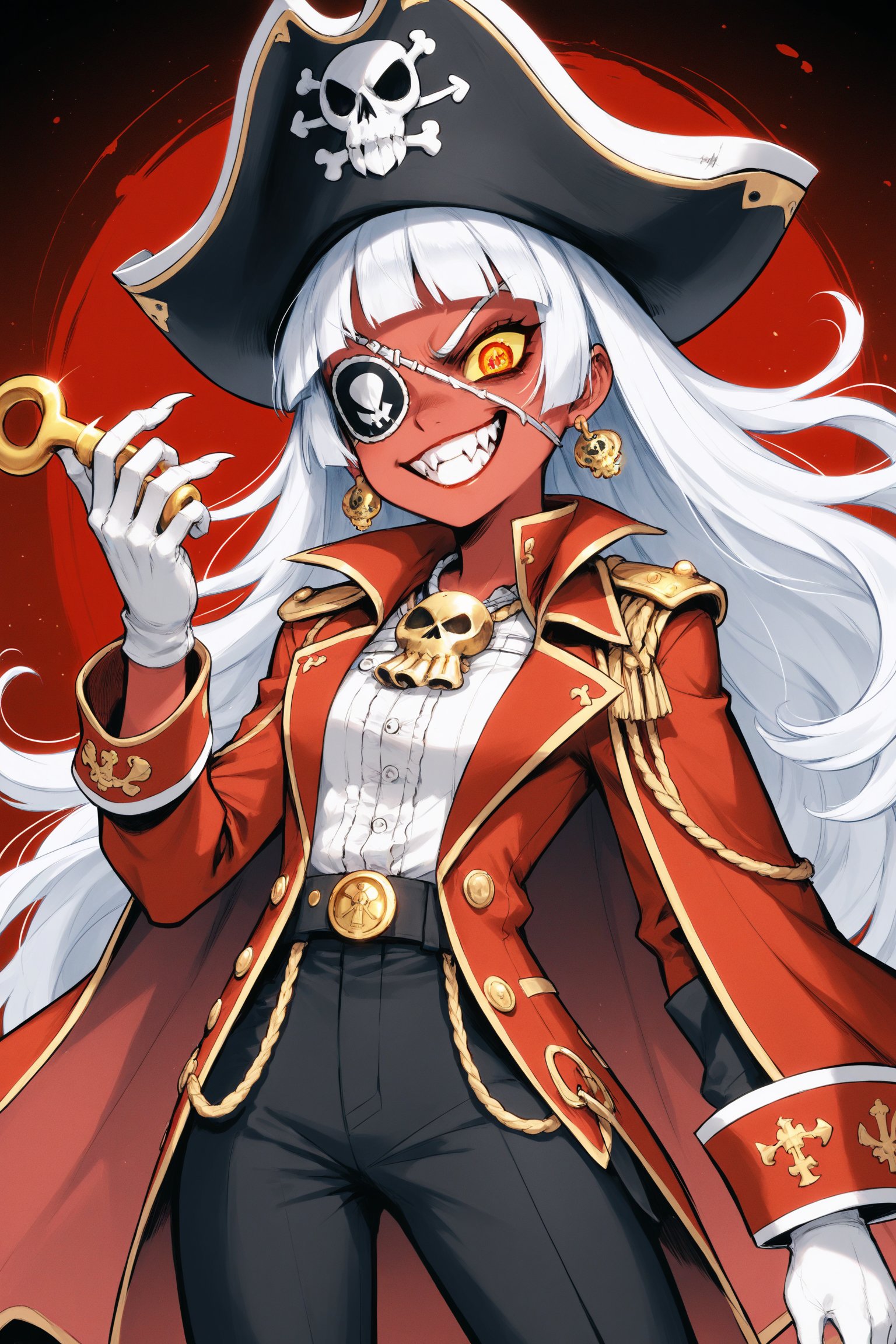  score_9, score_8_up, score_7_up, score_6_up,
g hikorou style,
1Girl,Comical anime,evil female commander, pirate captain motif,Bright red suit, flowing cape,very Long spike white hair, spiky bangs. Sharp eyes, mischievous grin with pointy teeth. Oversized pirate hat, eyepatch with skull design. Golden hook hand, ornate peg leg. Parrot sidekick on shoulder. Exaggerated hourglass figure, dynamic pose. Surrounded by cartoony effects. Cel-shaded style, bold outlines. Vibrant colors. 8K resolution, focus on facial features and outfit. Blend of villainy and comedic charm in anime aesthetics,
devilot_de_deathsatan