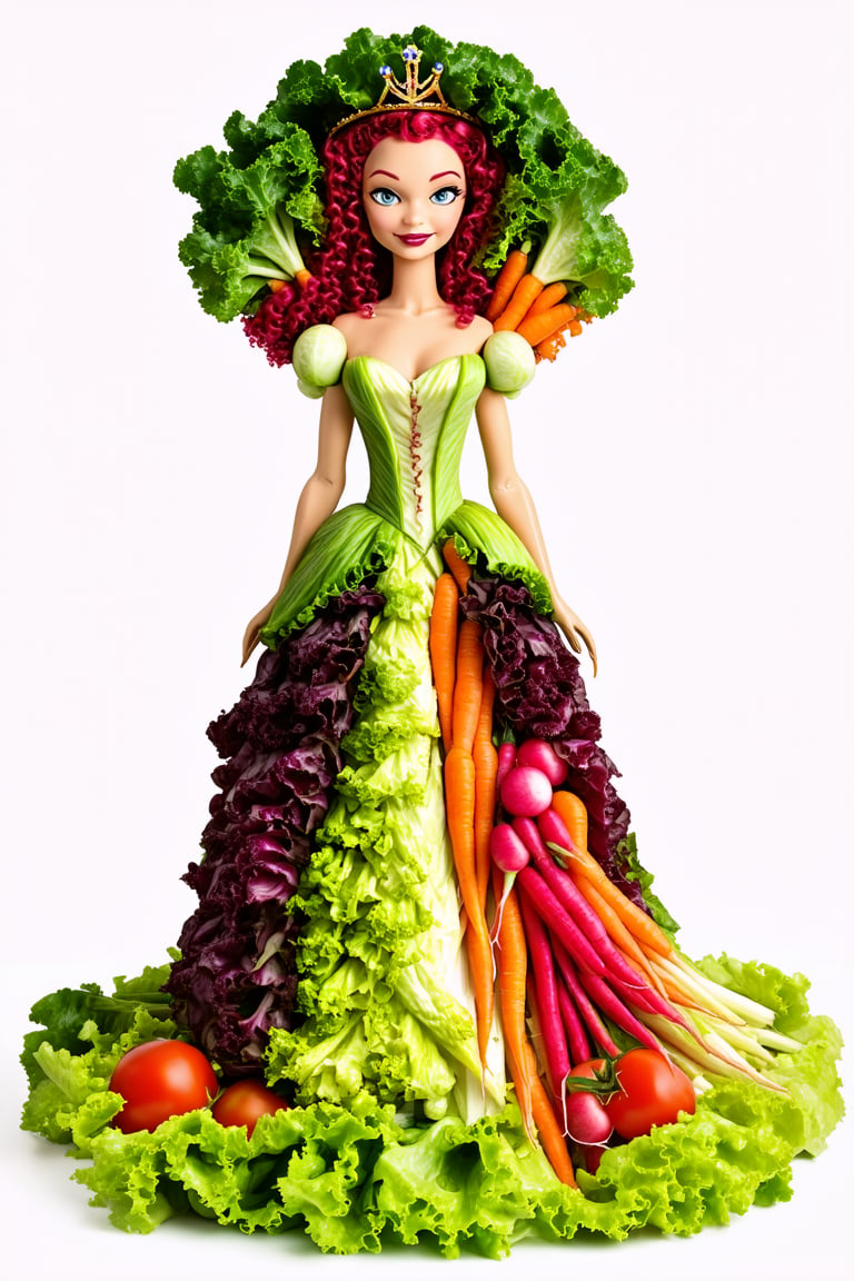 princess made entirely of vegetables, her gown a vibrant array of lettuce, carrots, and tomatoes. Her hair, a cascade of curly kale, adorned with a crown of radishes and cucumbers. She stands tall and regal, her eyes bright with the colors of her vegetable kingdom. This vegetable princess radiates freshness and health, a whimsical and unique creation of nature's bounty.