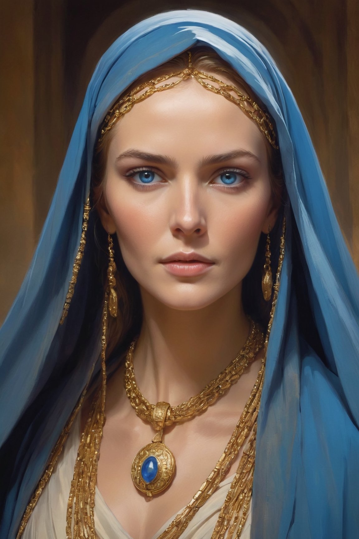 Lady Jessica, a prominent character in "Dune," is depicted as a commanding figure draped in a flowing robe, cascades from her head,Her attire symbol of her status and authority,((Gold chains wrapped around the face:1.5)),billows around her as she moves, creating an aura of grace and elegance.Her piercing blue eyes, a striking contrast against her dark robes, captivate those who meet her gaze. Behind their beauty lies a depth of wisdom and determination, reflecting her inner strength and resolve.,gold chains