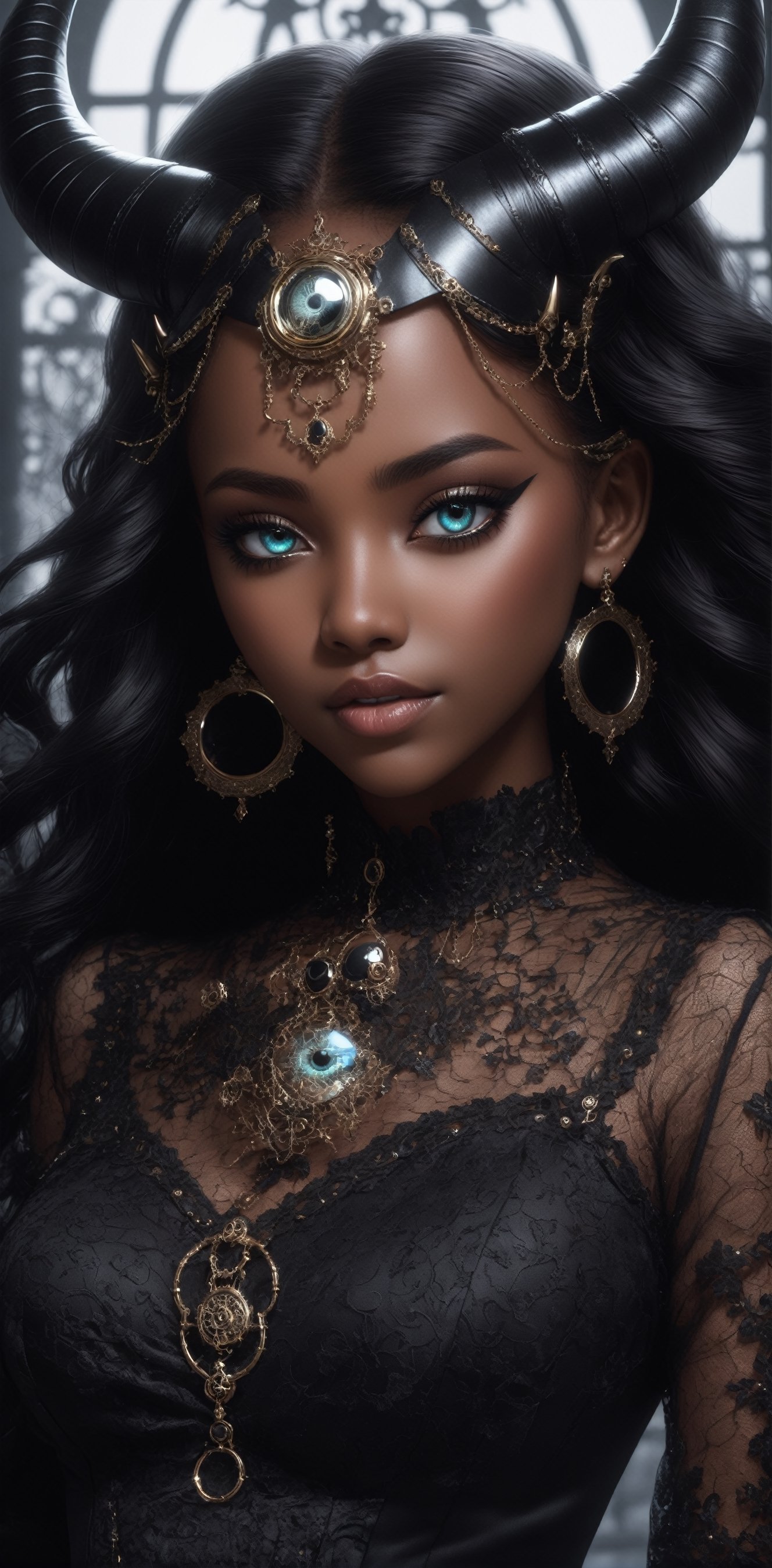 1 girl, (melanism), melanism demon girl,((slit pupil eyes)),solid black skin,
mesh fishnet blouse, (long intricate horns:1.2),Incredibly beautiful looks,
best quality, highest quality, extremely detailed CG unity 8k wallpaper, detailed and intricate, 
,steampunk style,Glass Elements