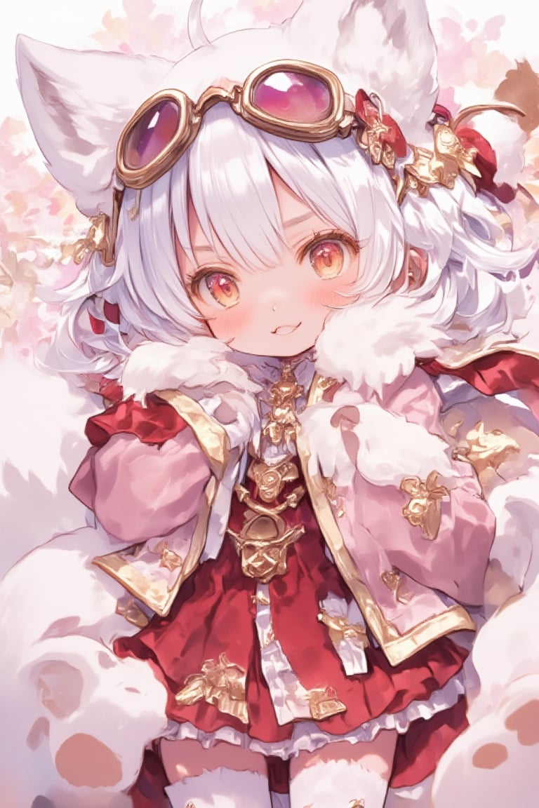 Cute anime-style kemono character, young girl with animal features. White fluffy fox ears and tail. Long silver-white hair. Large golden eyes with a curious expression. Wearing a red and pink outfit with frilly details. Red headband with goggles. Furry paws instead of hands. Chibi proportions with a large head and small body. Soft, pastel color palette. Slight blush on cheeks.looking slightly to the side, Kawaii style, highly detailed, digital art,Made in abyss manga