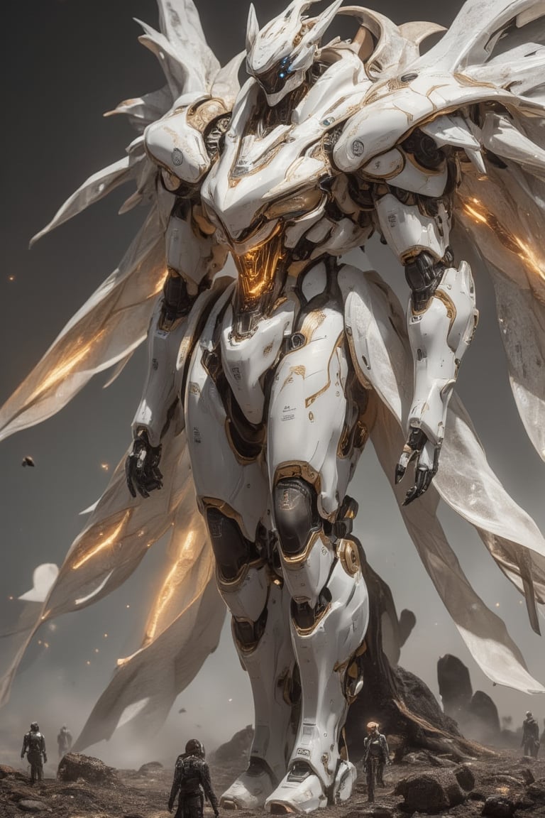 Colossal humanoid robot weapon, organic and exotic design. Predominantly white with gold accents. Flowing, curved armor plates resembling seashells or coral formations. Tall, elegant silhouette with elongated limbs. Golden filigree patterns etched into white surfaces. Multiple arms, some ending in energy weapons, others in delicate manipulators. Head features a crown-like structure with glowing blue sensors. Chest houses a pulsating golden energy core. Legs blend into a hovering base, suggesting levitation. Iridescent membrane-like wings or energy fields extend from back. Scale evident from tiny human figures near feet. Hyper-detailed textures, mix of smooth and intricate surfaces. Soft, ethereal lighting emphasizing curves and gold elements. Misty background suggesting alien world. 8K resolution, photorealistic render with slight concept art stylization.real robot,futurediff