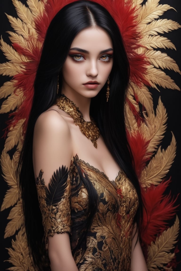 gold leaf painting,
beautiful vampire,blurred eyes,swan feathers, bright, pastel, exotic atmosphere, complex embroidery, meticulous brushwork,  Drips golden paint,flow of black and red ink,APEX SUPER REAL FACE XL 