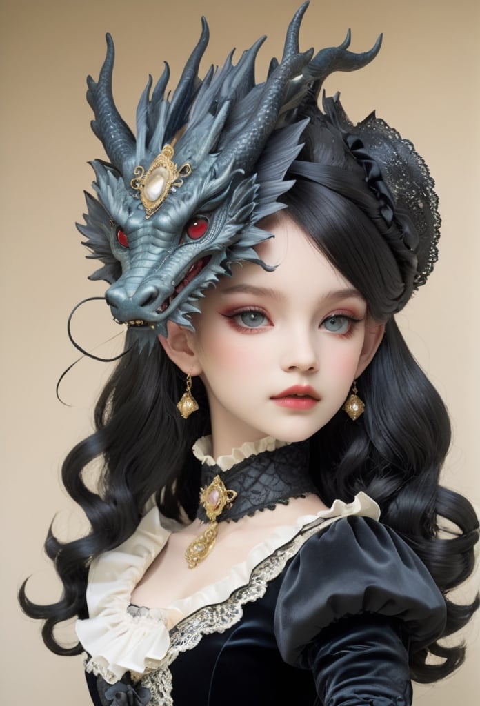 A dragon, adorned in a fusion of Renaissance European noble fashion and modern Gothic Lolita attire, wearing intricate ruffled collars, embroidered velvet garments, and lace accessories, The reptilian creature embodies both aristocratic elegance and contemporary gothic charm, creating a unique and surreal aesthetic.,dragon-themed