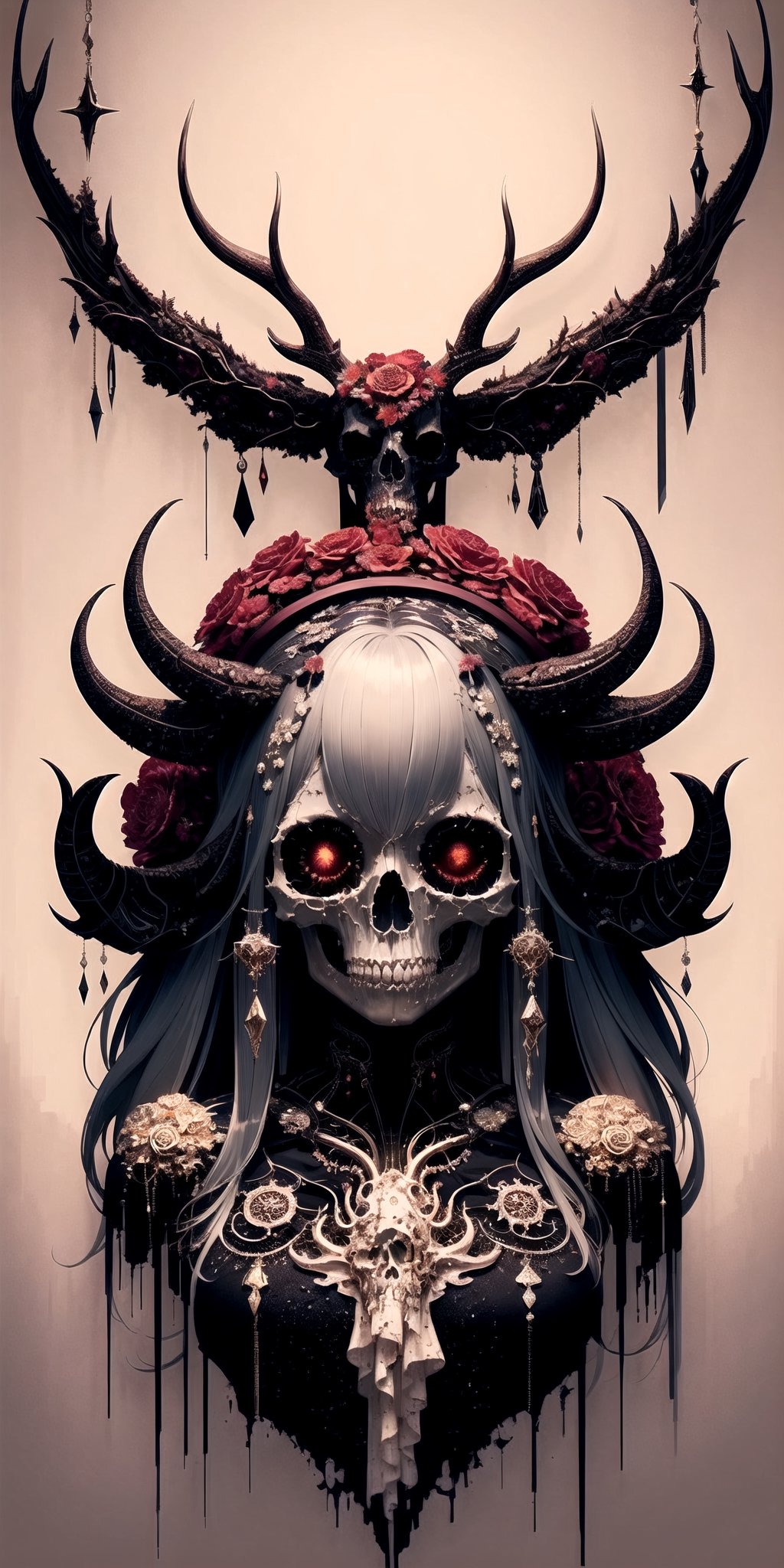 ultra beautiful aesthetic art,pastel art,light coloring,Body fused with machine,Bizarre cyborg artwork,Body in pieces by pieces,shaman Jewelrys,
lot goa,blood,elk Head skull,
necromantic mechanical necro girl,beautiful Face,hanfulolita,skull,Illustration