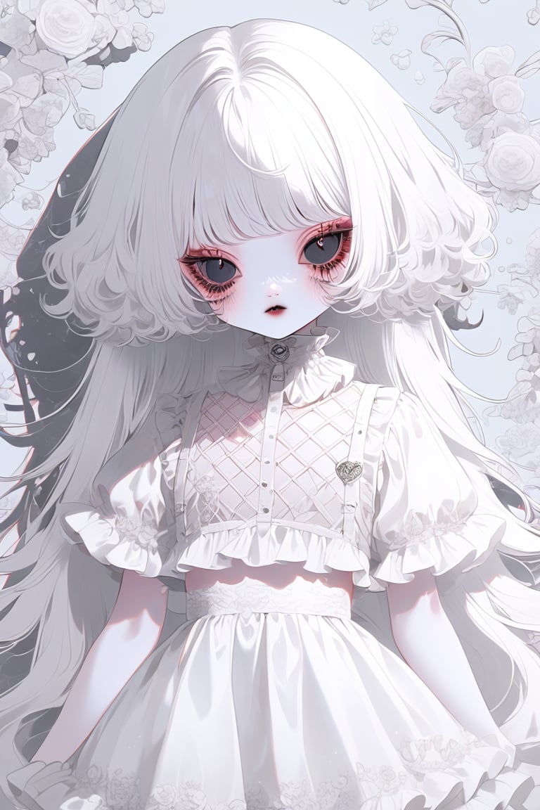 maximum chaos,
1goth girl,psychedelic fashion,sickness,
ultra cute Harajuku Style grunge fashion, kawaii and Lolita themes, albino demon girl,(pure white Extreme long hair),(black sclera;1.2),luxury mesh fishnet blouse,dal-1,ct-niji2,black hands