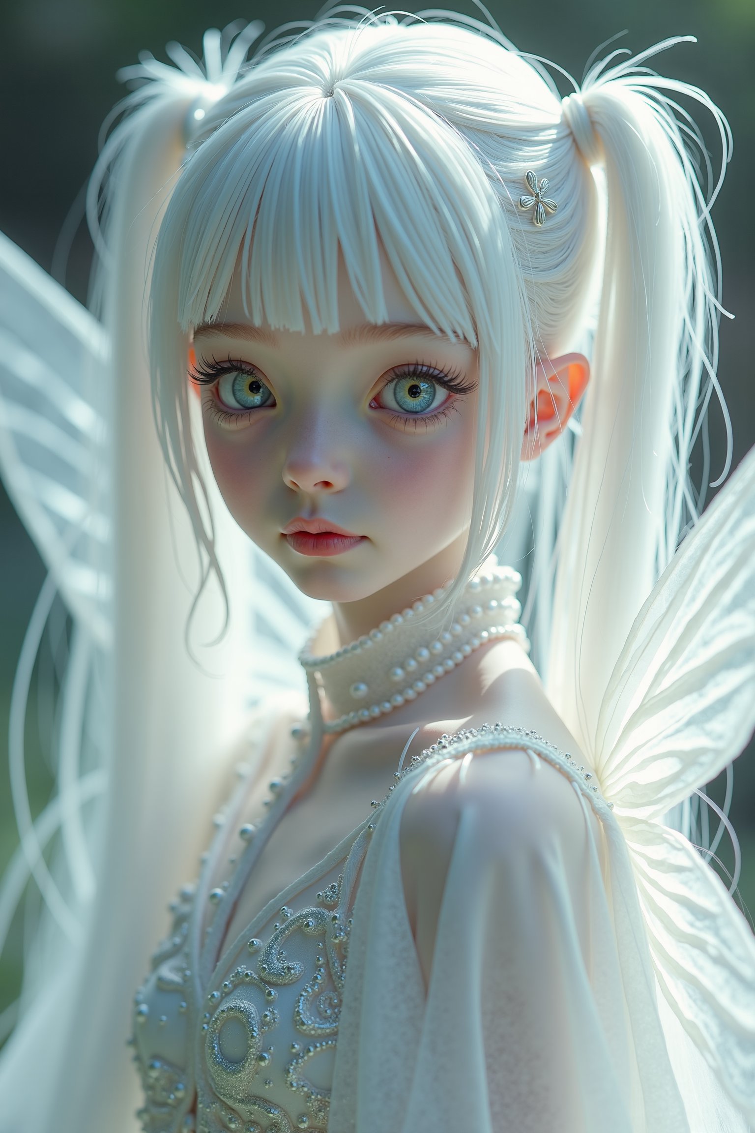 1girl, (masterpiece), stunning hybrid girl,  albino fairy and an albino demon girl,Pure white white pigtails,
blur background, sharp focus, albino demon girl,slit pupil eyes,Intricate Iris Details their ethereal beauty blending seamlessly to create a mesmerizing presence. Adorned in a shimmering gown that seems to radiate with otherworldly light, this unique being captivates all who behold her. Her delicate wings, reminiscent of both fairy wings and demonic appendages, flutter gracefully as she moves, adding to her enchanting allure. Despite her mixed heritage, there is a harmonious balance to her appearance, evoking a sense of wonder and admiration in all who gaze upon her.",Butterfly Style