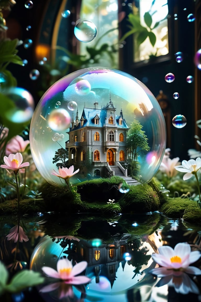 Lots of soap bubbles,A beautiful and delicate mansion trapped in a floating glass ball, several floating in a mysterious and magical space.,bubbleGL,dreamgirl