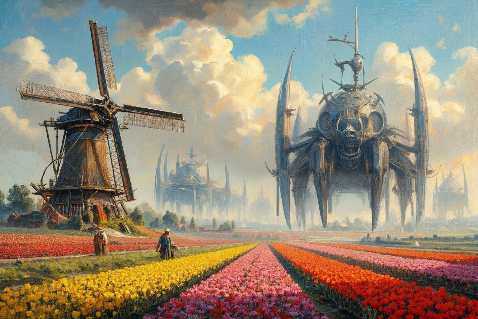 
Oil painting art,19th century Dutch landscape. Foreground: Vibrant tulip fields with rows of red, yellow, pink, and purple flowers. Midground: Typical Dutch windmill, wooden with large blades. Farmers in traditional dress walking through fields. Background: Ominous, gigantic quadrupedal war machines, black and futuristic in design. Sky: Characteristic Dutch low-hanging clouds. Lighting: Soft afternoon sunlight illuminating fields. Brushwork: Impressionistic style. Vivid colors for tulips, detailed windmill, mysterious outlines for machines. Composition: Lower 2/3 tulip fields and windmill, upper 1/3 sky and machines. Atmosphere: Pastoral beauty contrasting with unsettling futuristic presence, creating unique tension,surrealportraits, illustration,complex detail lineart,AbmoilPainting