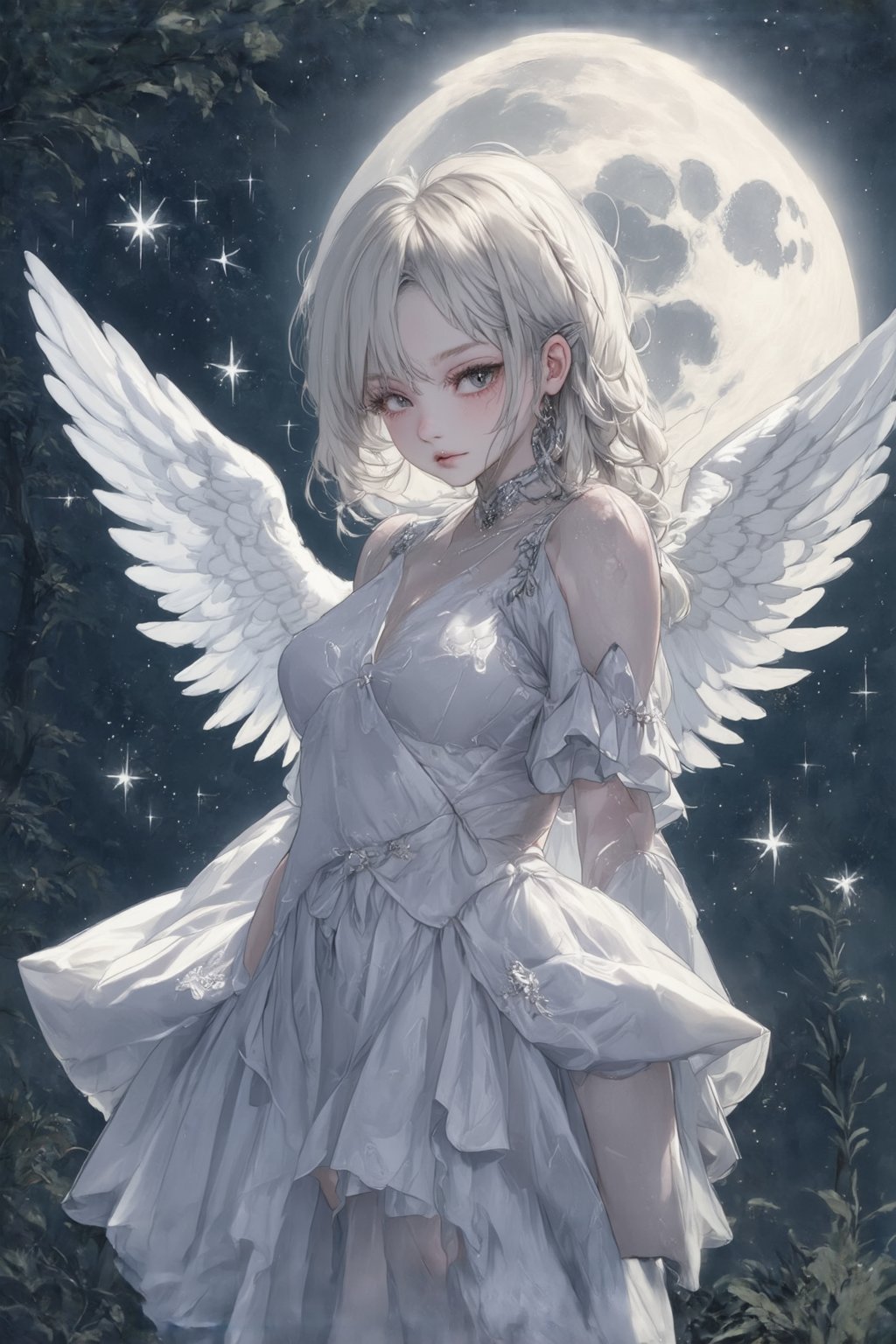 Fairy tale illustrations, otherworldly mythology, perfect sky, moon, shooting stars,
Pagan style graffiti art, general, forest background, one girl, Pagan demon girl, detailed facial features,sexy sideless dress,Masterpiece, Top Quality, Very Aesthetic, Super Detailed, Sideless Dress, Sidedress, Watercolor, 2bEimi,angelic