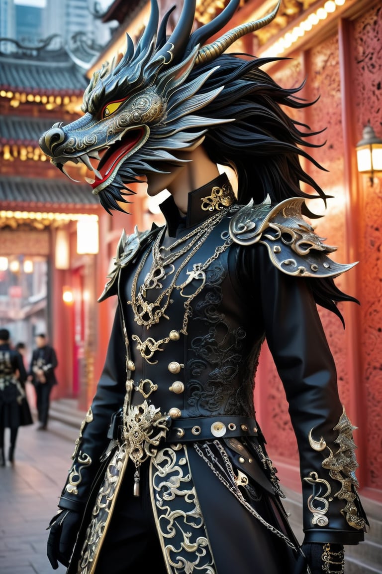 kung fu Punk,Cyber Hong Kong city,1man,a piece of gothic China-punk style art featuring a figure in an excessively decorated Kung Fu outfit. The outfit blends traditional Chinese elements with gothic and punk aesthetics, using dark, rich fabrics, intricate embroidery, metal spikes, chains, and lace accents,(wears a striking dragon mask), combining fierce dragon elegance with dark, ornate patterns. The mask's eyes have an otherworldly glow, enhancing the enigmatic presence., oriental dragon