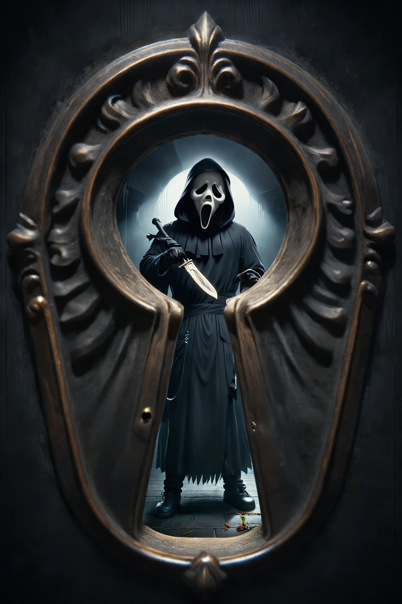 ((Screen through the keyhole)),solo,Ghostface, raised blade, black robe, horror, backDonMK3yH0l3XL,ghostface mask,Hollow