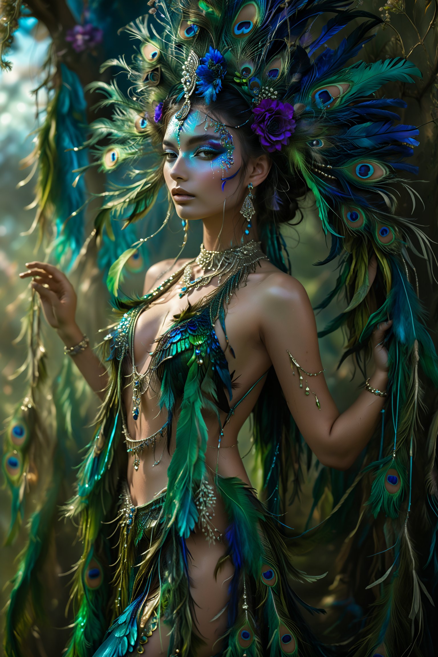 1girl,perfect beautiful face,Stunning woman personifying a peacock,Elaborate peacock-inspired headdress with iridescent blue and green feathers,
She is wearing a revealing sexy plant dress,
Elegant, form-fitting dress resembling peacock's body, with a long train of tail feathers.,pelvic curtain,jewelry,Flower queen,
beautiful meadow background,,score_9,score_8_up,score_7_up,ENHANCE Facial details