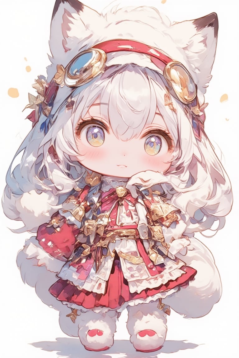 Cute anime-style kemono character, young girl with animal features. White fluffy fox ears and tail. Long silver-white hair. Large golden eyes with a curious expression. Wearing a red and pink outfit with frilly details. Red headband with goggles. Furry paws instead of hands. Chibi proportions with a large head and small body. Soft, pastel color palette. Slight blush on cheeks.looking slightly to the side. Kawaii style, highly detailed, digital art,Chibi-chan