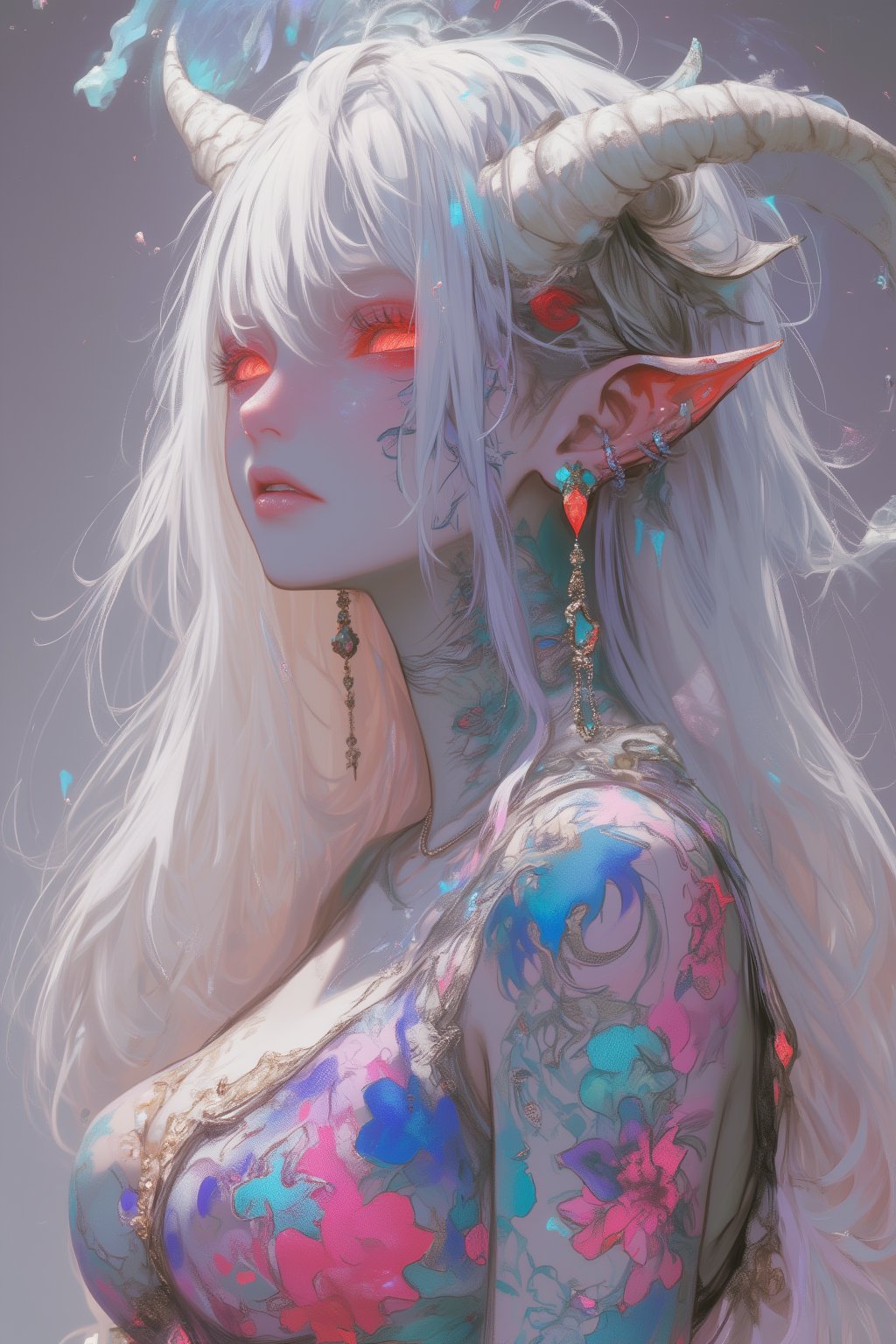 Albino demon girl, pale white skin, vibrant red eyes. Iridescent glitter tattoos covering face and body, swirling patterns in neon pink, electric blue, and vivid purple. Elegant Rococo-style lace bodysuit, intricate floral patterns, pastel colors with gold trim. Goat-like horns sprouting from forehead, ivory color with subtle spiral texture. Long, flowing white hair with pearlescent sheen. Delicate pointed ears adorned with dangling crystal earrings. Softly glowing aura surrounding her figure. Hyper-detailed skin texture, 8K resolution, studio lighting with soft focus effect.,ct-skyzo_identity