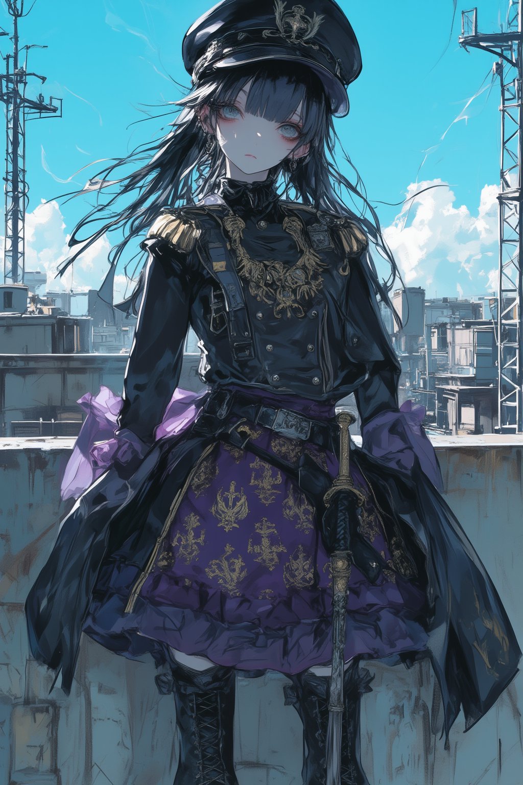 Elegant gothic lolita woman, full body portrait, 8k resolution, photorealistic. Black military style cap with gold trim. Long straight black hair blowing in the wind. Pale skin, heavy eye make-up and serious expression. Wearing a black high collar military jacket with gold embroidery and epaulettes, an elaborate purple and black skirt with an intricate gold chandelier print, a katana sword on her waist, and black lace-up boots. Standing on an abandoned concrete rooftop,blue sky in the background. Cinematic lighting shallow depth of field with focus on subject. Fantasy,dal,ct-animepopstyle