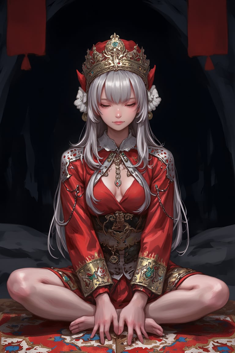 
 anime-style illustration, Little girl, dressed as a Central Asian priestess,colorful Clothes, combining elements of an oracle and a Taoist sorceress. She wears a traditional Central Asian priestly robe adorned with intricate symbols and embroidery, while a Taoist-style hat rests on her head. Her expression is serene yet mystical, as she appears deep in thought or perhaps casting a fortune. The scene is set within a dimly lit cave, where the shadows dance across the walls, hinting at a deeper, ancient magic hidden within the cavern,Sitting on the ground, praying scene,dal style,Made in abyss manga,Adrr-tsfft