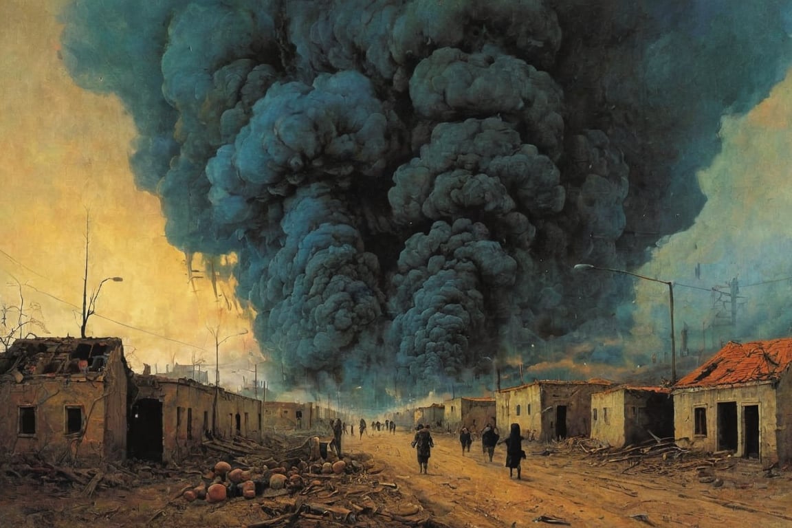 Destroyed town, people fleeing, bombing,
digital artwork by Beksinski