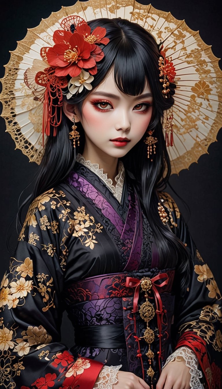 1girl.Envision a fusion of traditional Japanese aesthetics and Gothic Lolita fashion, where elegant kimono silhouettes intertwine with the dark allure of Gothic elements. Picture elaborate, lace-trimmed kimonos in deep, rich colors adorned with ornate obis and corseted bodices,Accessories like parasols with lace and ribbons add a Victorian touch. Intricate hairpieces blend traditional tsumami kanzashi with gothic motifs,
The color palette leans towards deep purples, blacks, and blood-reds, creating a striking contrast against the delicate fabrics. White face makeup and dark, dramatic eye makeup complete the look, blending the grace of traditional Japanese beauty with the mysterious elegance of Gothic fashion,
 result is a captivating and unique style that seamlessly merges the opulence of Japanese tradition with the dark romanticism of Gothic Lolita,Victorian ,dal