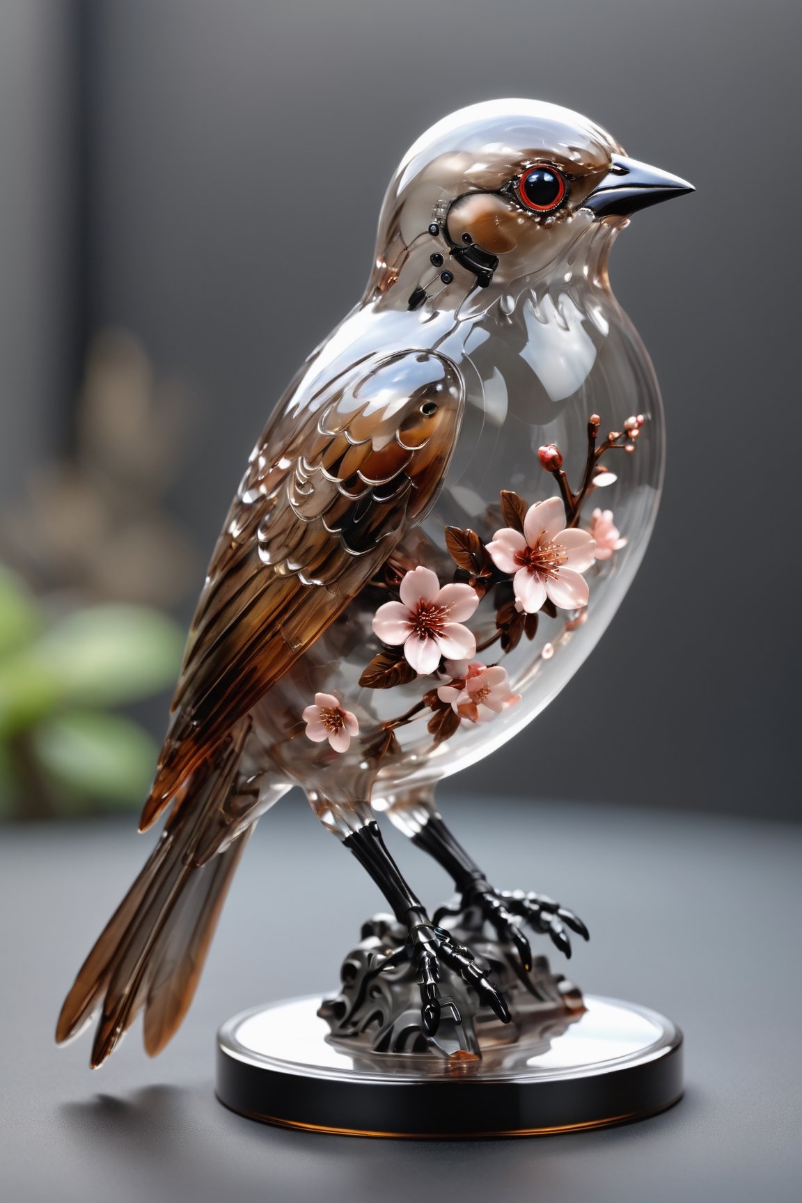 CHERRYBLOSSOM TREE,Transparent Cyborg Grayish Baywing,glass made mechanical cute bird about 7 inches long,(brownish-gray plumage), the wings feathers have a reddish-brown tone, The region between the eyes and nostrils is black,  it has black eyes,  black legs,okeh,japanese art,c1bo,japanese style,Clear Glass Skin