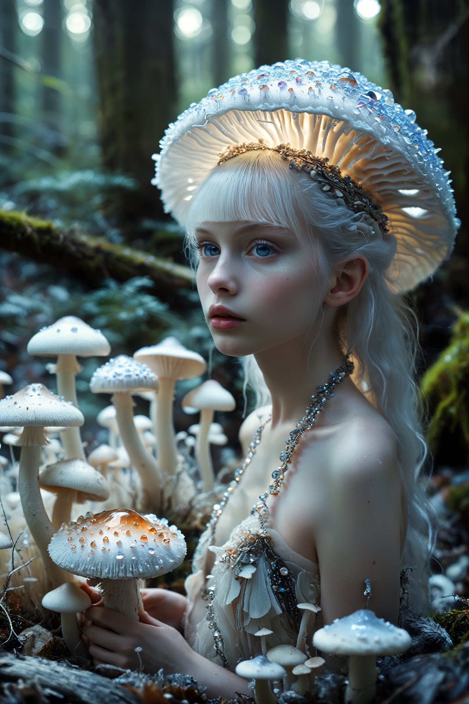 albino mushroom girl, mushroom Head,((Mushrooms made of gemstones)), drill hair,
stands amidst the tranquility,Adorned with soft, pale-colored petals resembling mushroom caps and delicate mycelium cascading from her hair, she exudes ethereal beauty.,Her eyes silver or pale blue, convey mystery and wonder as she moves gracefully through the enchanted landscape, Surrounded by vibrant colors and playful woodland creatures, she embodies the magic and wonder of nature's hidden treasures.",mushroomz,dal,Amethyst ,Crystal game props,1girl