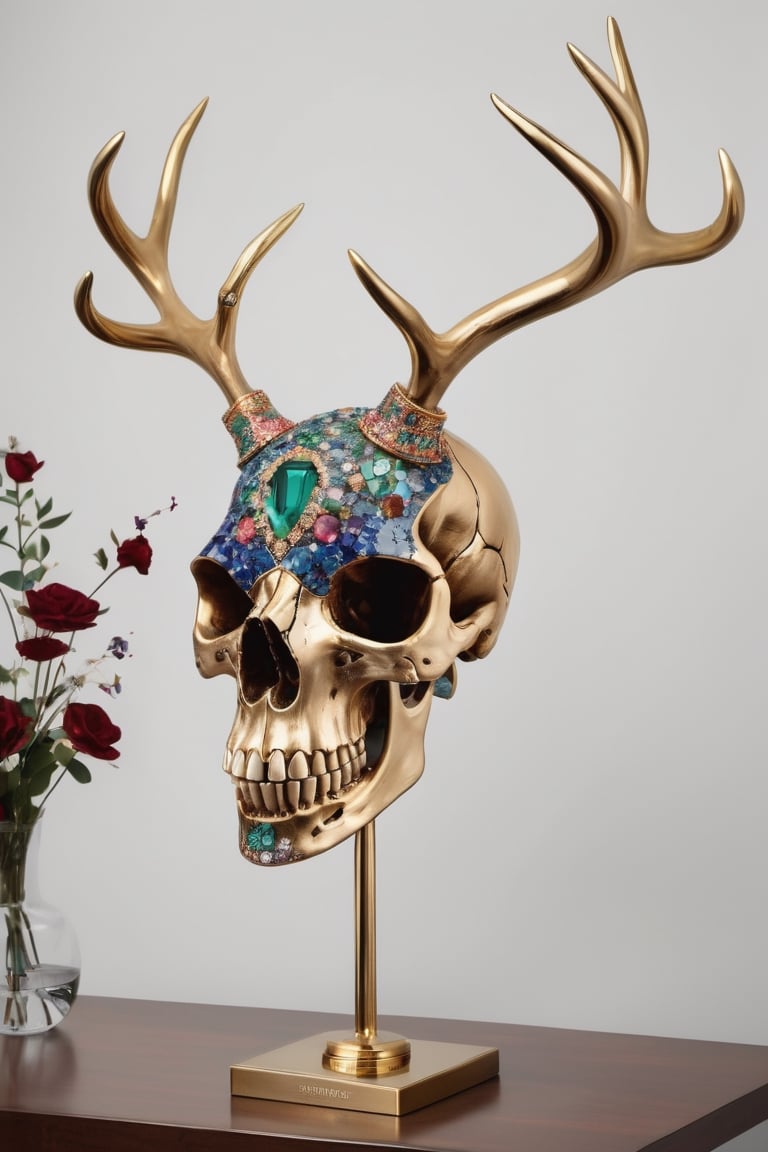 "Generate an image of a gold-colored reindeer skull adorned with an array of diverse gemstones. Envision the antlers and skull intricately embellished with a mosaic of gemstones in various hues, including vibrant emeralds, sapphires, rubies, and diamonds. Each gemstone is meticulously set into the gold surface, creating a stunning display of color and brilliance.

The skull itself is polished to a lustrous sheen, enhancing the radiance of the gemstones and adding to the overall opulence of the piece. This ornate decoration transforms the reindeer skull into a mesmerizing work of art, capturing the imagination with its fusion of natural beauty and luxurious embellishment."