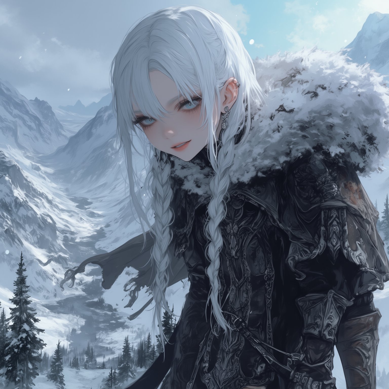 
Extreme detailed,ultra Realistic, beautiful young ELF lady,platinum silver shining hair, long elvish braid, side braid, blue-grey eyes,elf ears, Wearing Celtic leather Armor, hooded cloak, animal fur hood, intricate clothing, animal fur clothing, dark clothing, waistband, scarf, soft smile, bending posture, looking into the distance, snowy mountain scenery, overlooking valley, river, white clouds,