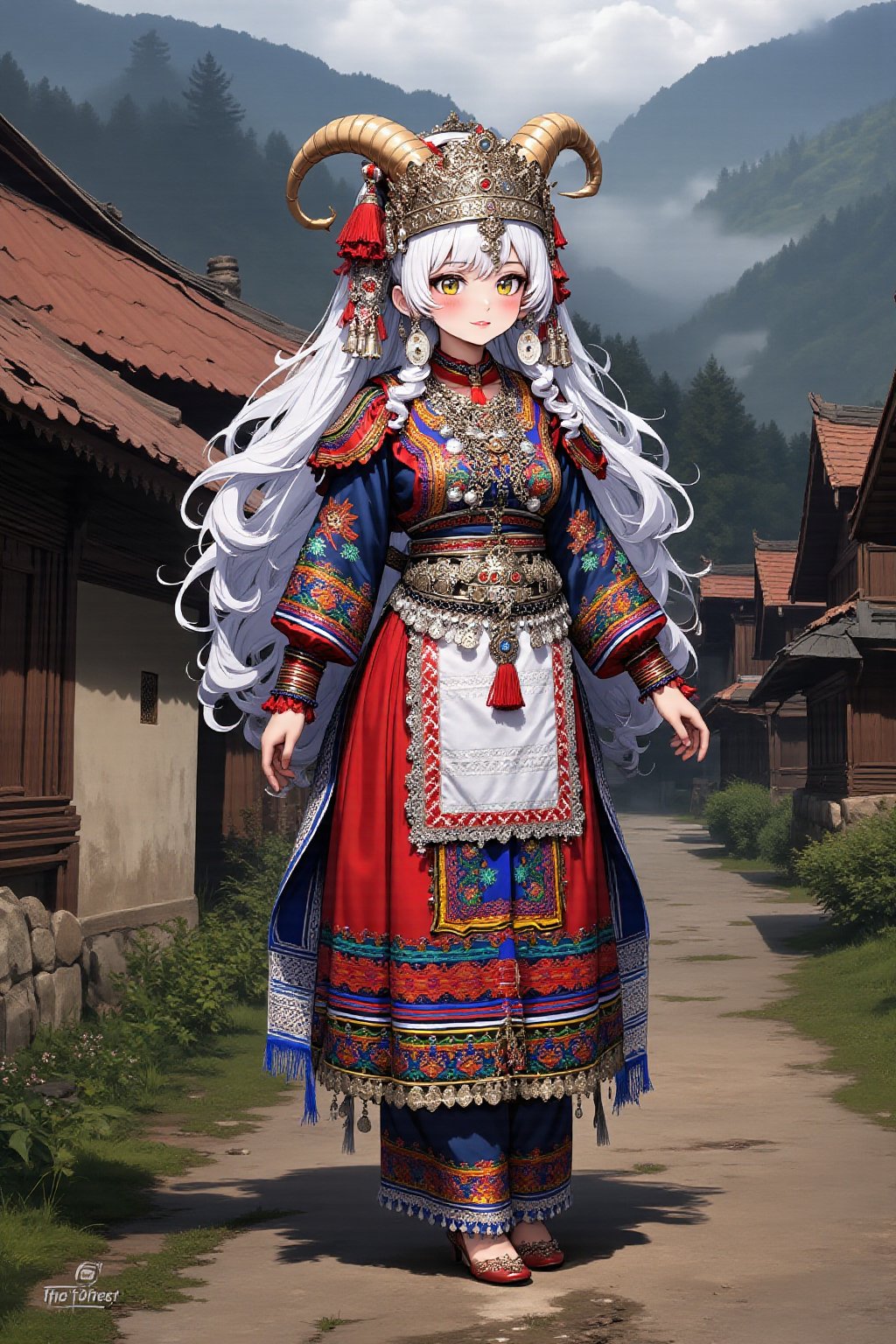 anime style,1Girl,albino Demon girl,goat horns,pale White skin,pure White long wave Hair,
 in northern Thailand wearing an opulent traditional bridal costume. Vibrant, multi-layered outfit with intricate embroidery and silver coin decorations. Elaborate headdress adorned with colorful tassels, beads, and dangling silver ornaments. Heavy silver necklaces and large earrings frame her face. Richly embroidered jacket in deep indigo with geometric patterns in red, yellow, and green. Wide pleated skirt with bold horizontal stripes and detailed needlework. Ornate silver belt with hanging charms. Embroidered apron with intricate designs. Legs wrapped in indigo leggings with embroidered ends. Traditional cloth shoes with pointed toes. She stands in a misty mountain village with traditional Hmong houses in the background,1girl,lyh,adrr-tsfft