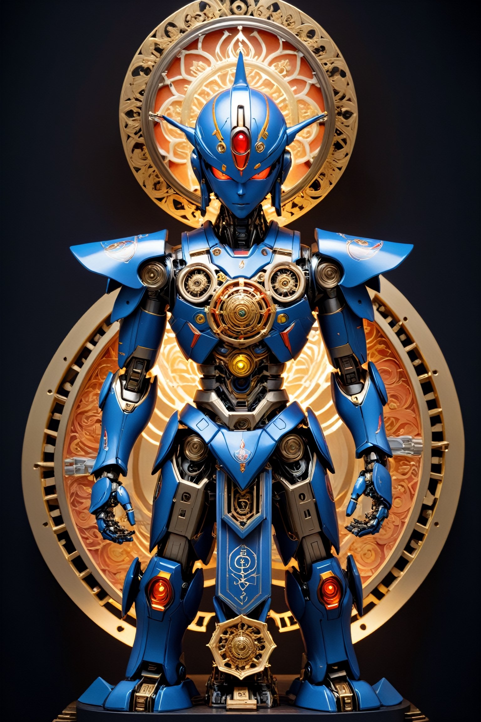 mandala art,depicts a fusion between an Evangelion mech and a Buddha, Emphasize the integration of intricate mecha elements with the serene and divine features of the traditional Buddha figure. Pay attention to details such as robotic components seamlessly blending with the spiritual aspects of the statue. Optimize for a visually striking composition that captures the harmonious coexistence of futuristic mecha aesthetics and timeless religious symbolism."