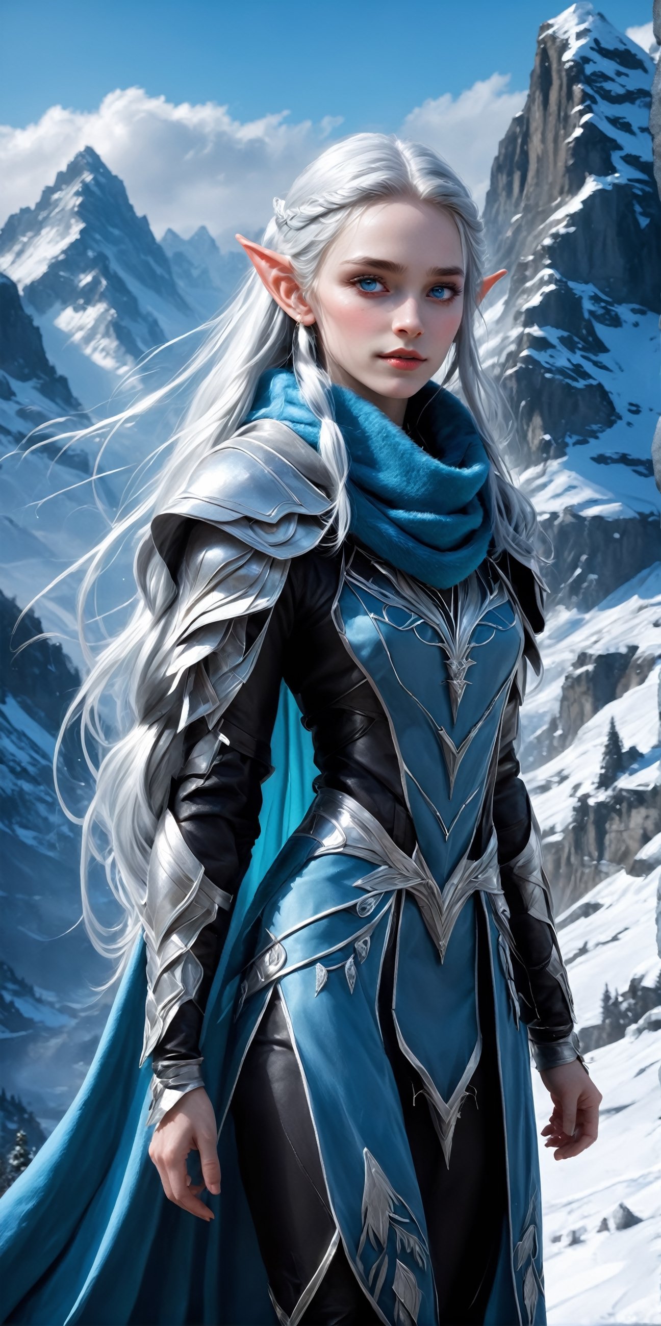 Extreme detailed,ultra Realistic,
beautiful young ELF lady,platinum silver shining hair, long elvish braid, side braid,Beautiful crystal blue eyes,
Wearing leather tunic, hooded cloak, animal fur hood, intricate clothing, animal fur clothing, dark clothing, waistband, scarf, soft smile, bending posture, looking into the distance, 
snowy mountain scenery, overlooking valley, river, white clouds, seen from behind,ol1v1adunne,DonM3lv3sXL,niji6