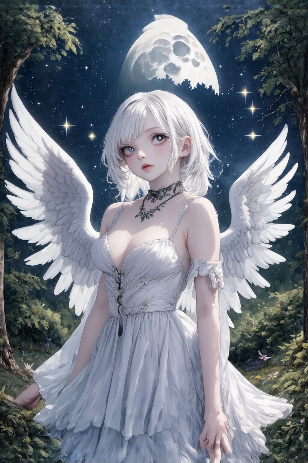 Fairy tale illustrations, otherworldly mythology, perfect sky, moon, shooting stars,
Pagan style graffiti art, general, forest background, one girl, albino demon girl, detailed facial features,sexy sideless dress,Masterpiece, Top Quality, Very Aesthetic, Super Detailed, Sideless Dress, Sidedress, Watercolor, 2bEimi,angelic