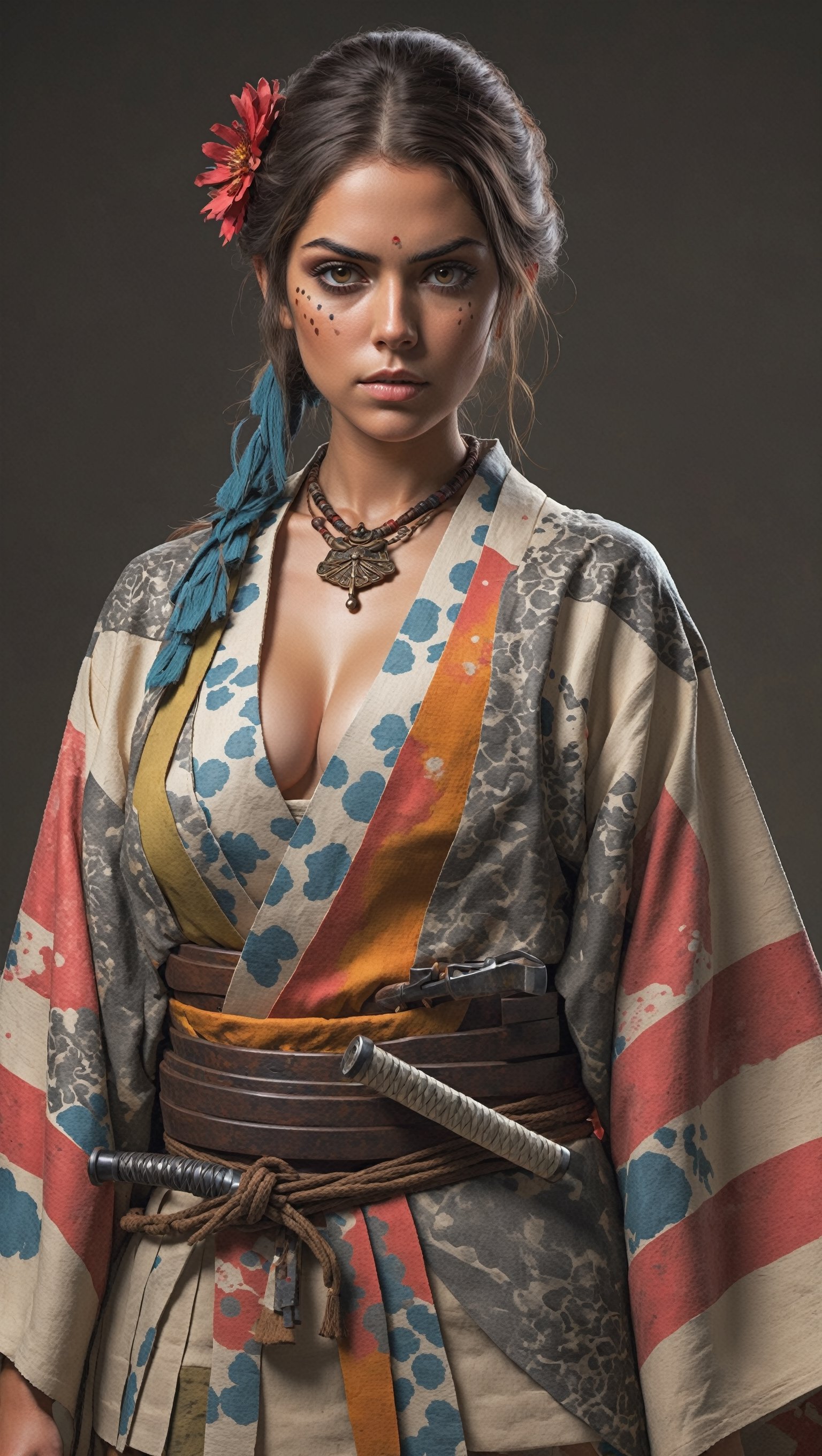 ultra Detailed,Realistic,
Worn and dirty soiled male kimono,one Katana in scabbard  at waist,dirty skin,bathed blood,
1 beautiful young Girl, handsome and strong Mexican Girl,gigantic breast,(Cleavage),tan skin,curvy body,(Maya TRIBAL pattern skull Tattoos),
necklace,Holding blowgun,(colorful poncho),
Japan Medieval age foreigne,hakama,Japanese style gaiter,fight pose,
,A Mexican  SAMURAI Girl who has fought on the battlefield for a long time and considers the honor of a samurai to be his first priority,