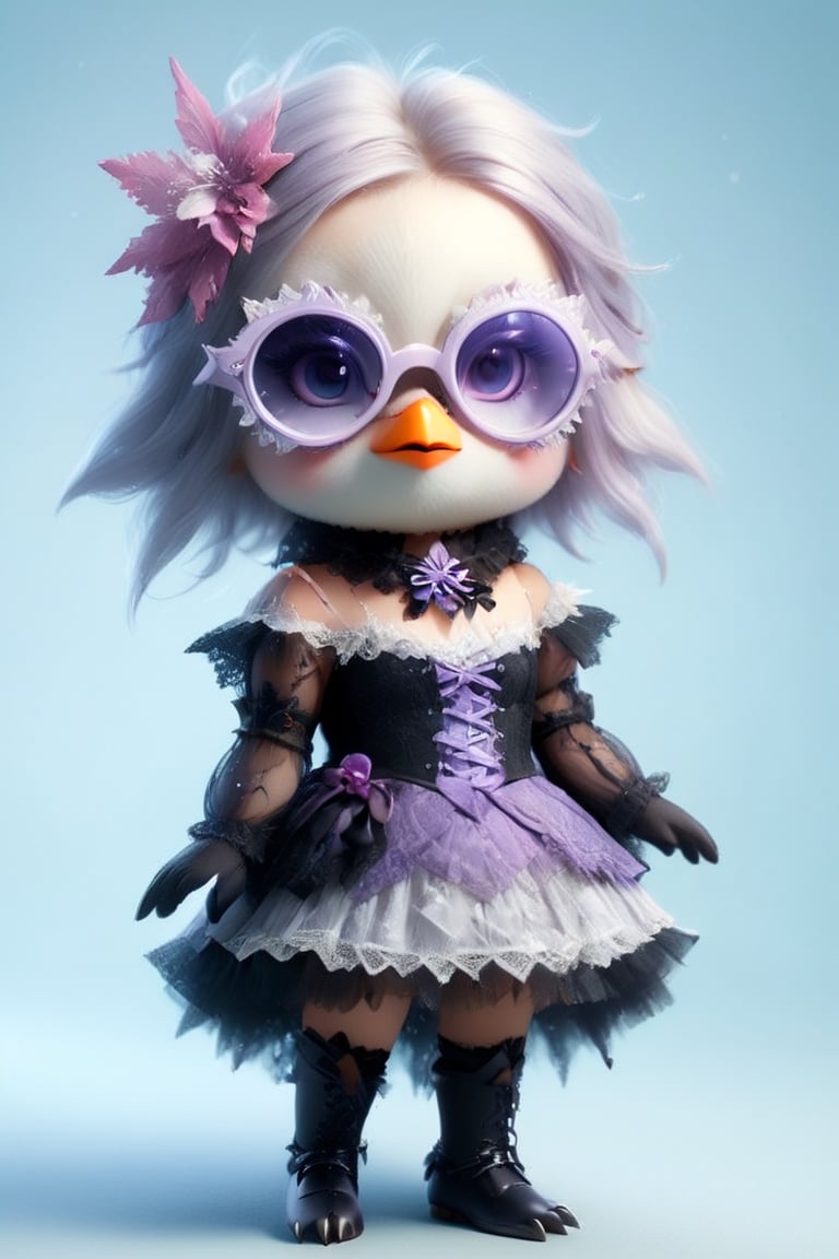 This adorable penguin is dressed in colorful Gothic Lolita fashion,wearing glasses, showcasing a unique and playful style. Its outfit features layers of frilly lace and elaborate bows, adding a whimsical touch to its appearance. The penguin's dress is adorned with vibrant hues, including shades of purple, pink, and blue, creating a striking contrast against its black and white feathers. Its accessories include oversized hair bows, lace gloves, and mismatched stockings, adding to the eclectic charm of its ensemble. With its stylish attire and charming demeanor, this penguin stands out as a fashion-forward icon in the animal kingdom.,real_booster,sfglasses