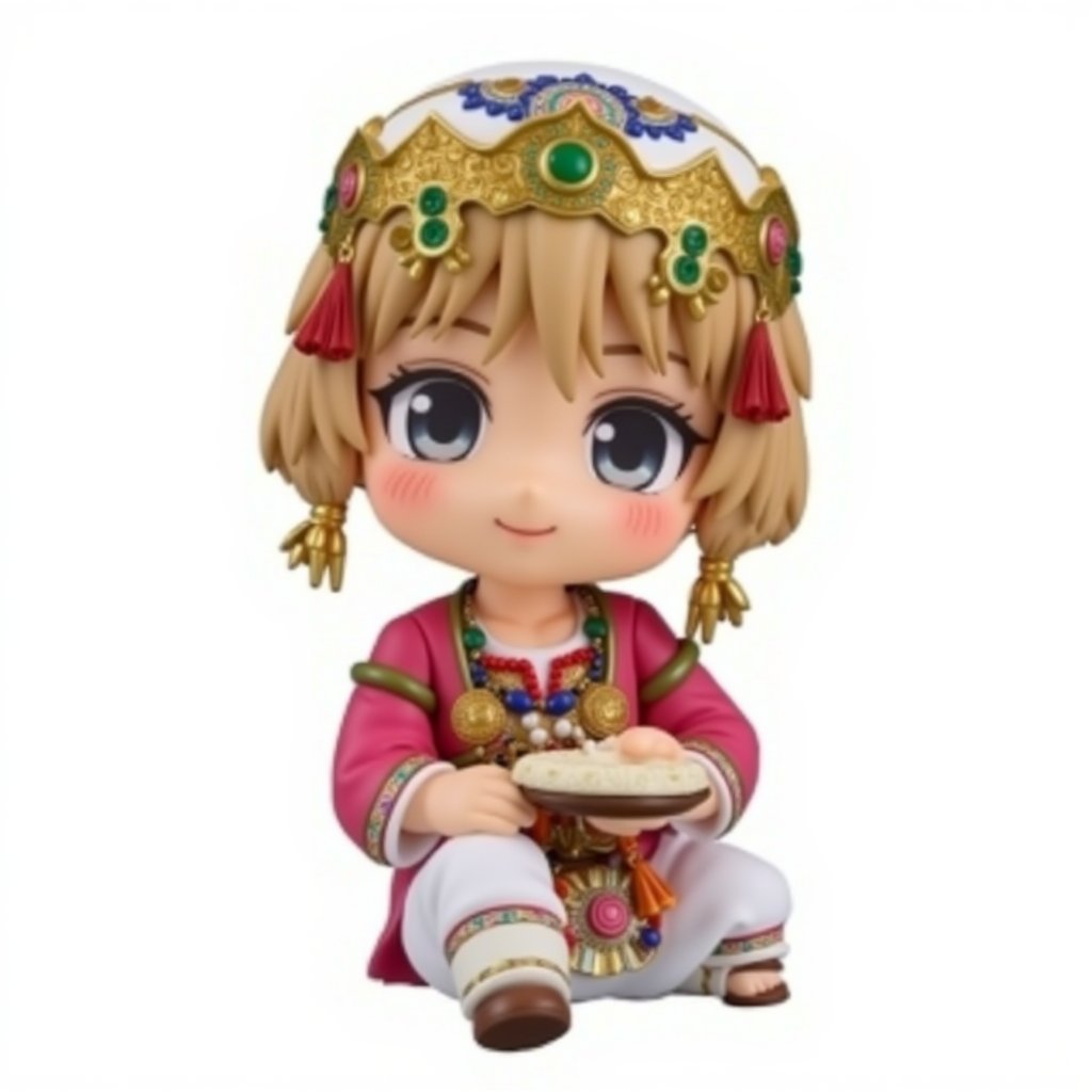 chibi,nendoroid,Moroccan tradition clothe,1girl, a stunning photo with beautiful saturation, ultra high res, best quality, masterpiece), highly detailed, ((full body)),, looking at viewer, knee, warm smile,3D MODEL, full body, chibi,cute, (white pure background), white theme, simple backgroup,Adrr-tsfft,lyh_nendo