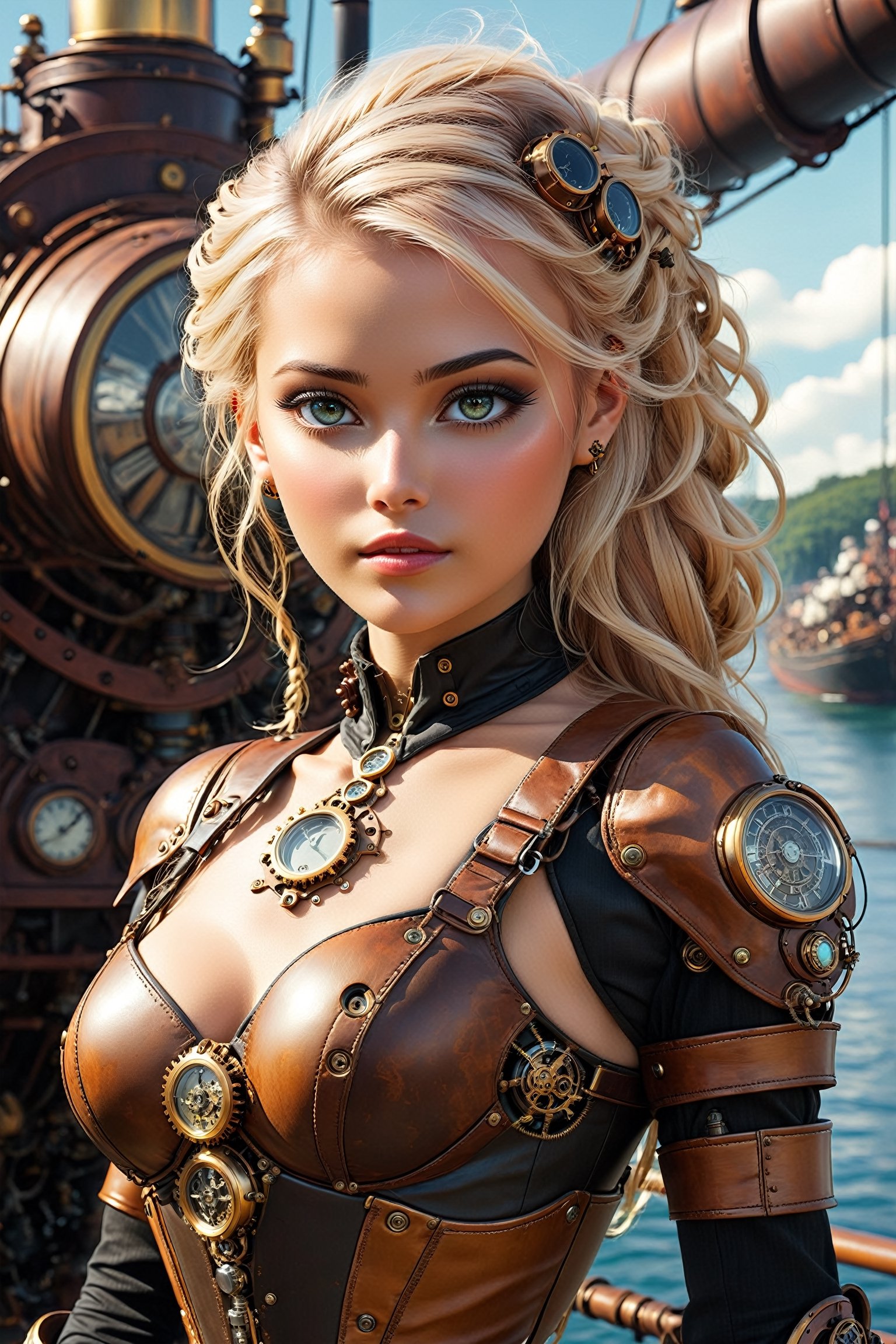 ultra detailed,ultra Realistic fantasy,
steampunk style cybernetic gadgets and a robotic arm,beautiful young Nordic lady,full makeup,Extreme Ddetailed gadgets,tight leather body suit,(large breast),
steam punk style ship floating in the sky,ol1v1adunne,photo r3al