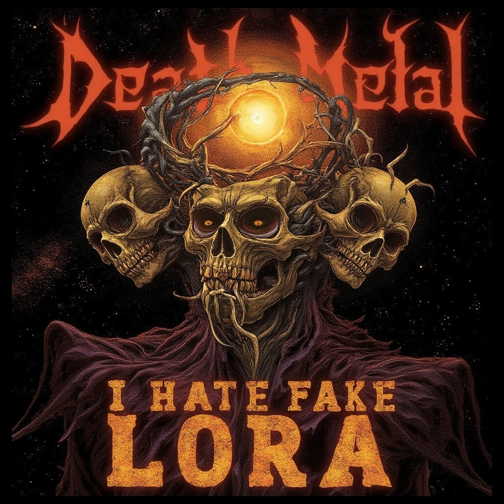 Death metal album cover, grotesque multi-headed skeletal creature, intricate bone detail, sharp teeth, multiple skull faces, cosmic background, glowing solar eclipse, 
red band logo Text: "I hate fake LORA",
Horror themed artwork, dark fantasy style, high contrast, golden brown color palette, starry background, biomechanical elements, highly detailed textures, spooky atmosphere, 90s metal aesthetic, airbrushed Appearance, creepy images, surreal compositions,jntsmoscuro,graffiStyle