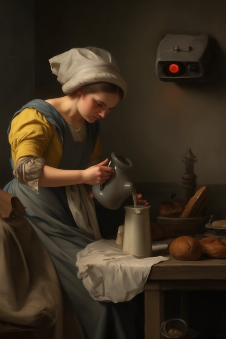 Vermeer-style painting of milkmaid pouring milk. Woman in yellow bodice, blue apron, white cap, focused on her task. Soft natural light from left window. Table with bread, jug, cloth. Muted colors, delicate brushwork.

New element: Sleek, futuristic surveillance camera on back wall, subtly observing the scene. Small, metallic, with glowing red light. Contrasts with 17th-century setting but blends into shadows,
Maintain original painting's quiet domesticity and light quality. Camera adds sense of anachronistic unease without overpowering composition,
Style: Photorealistic Dutch Golden Age technique. Emphasis on light, texture, and intimate atmosphere, now with slight dystopian undertone.,oil-on-canvas style of classic painting