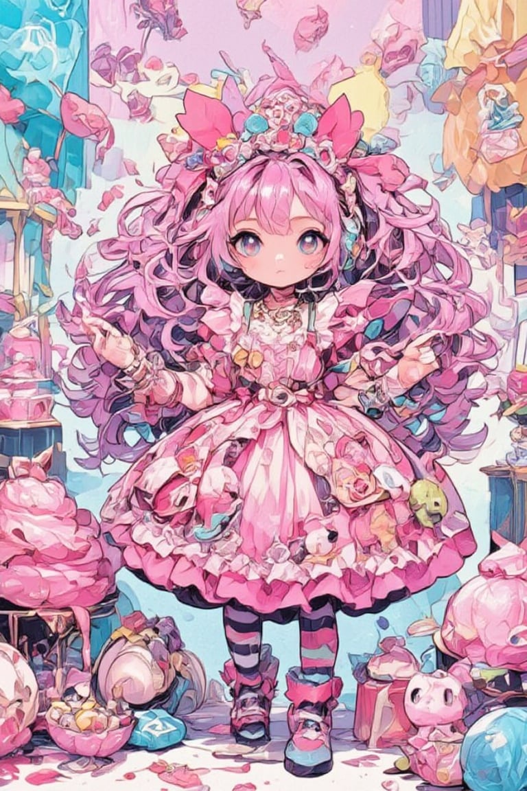 1girl ,vtuber anime character design,love＋peace＋ice cream,big Eyes,(Eyes that protrude from the contours of the face:1.3),(Extremely deformed eyes:1.4),
An over-the-top maximalist Vtuber character in hyper-decorative pink Lolita fashion. Her anime-style face features enormous, sparkling eyes in gradient pastel colors, framed by impossibly long eyelashes. Her multi-layered hair cascades in a riot of pastel pinks, purples, and blues, adorned with an excess of bows, flowers, and glittering accessories. She wears a frilly, cupcake-shaped dress in various shades of pink, covered in lace, ribbons, and ruffles. The dress is further embellished with candy motifs, stuffed animals, and miniature tea sets. Multiple petticoats peek out from beneath, each a different shade of pink. She sports striped stockings and platform shoes with heart-shaped buckles, Numerous bracelets, rings, and necklaces adorn her, along with a tiara and cat-ear headphones, background is a dizzying collage of pastel colors,anime style,anime girl,future0615,niji,Chibi-chan,ct-animepopstyle