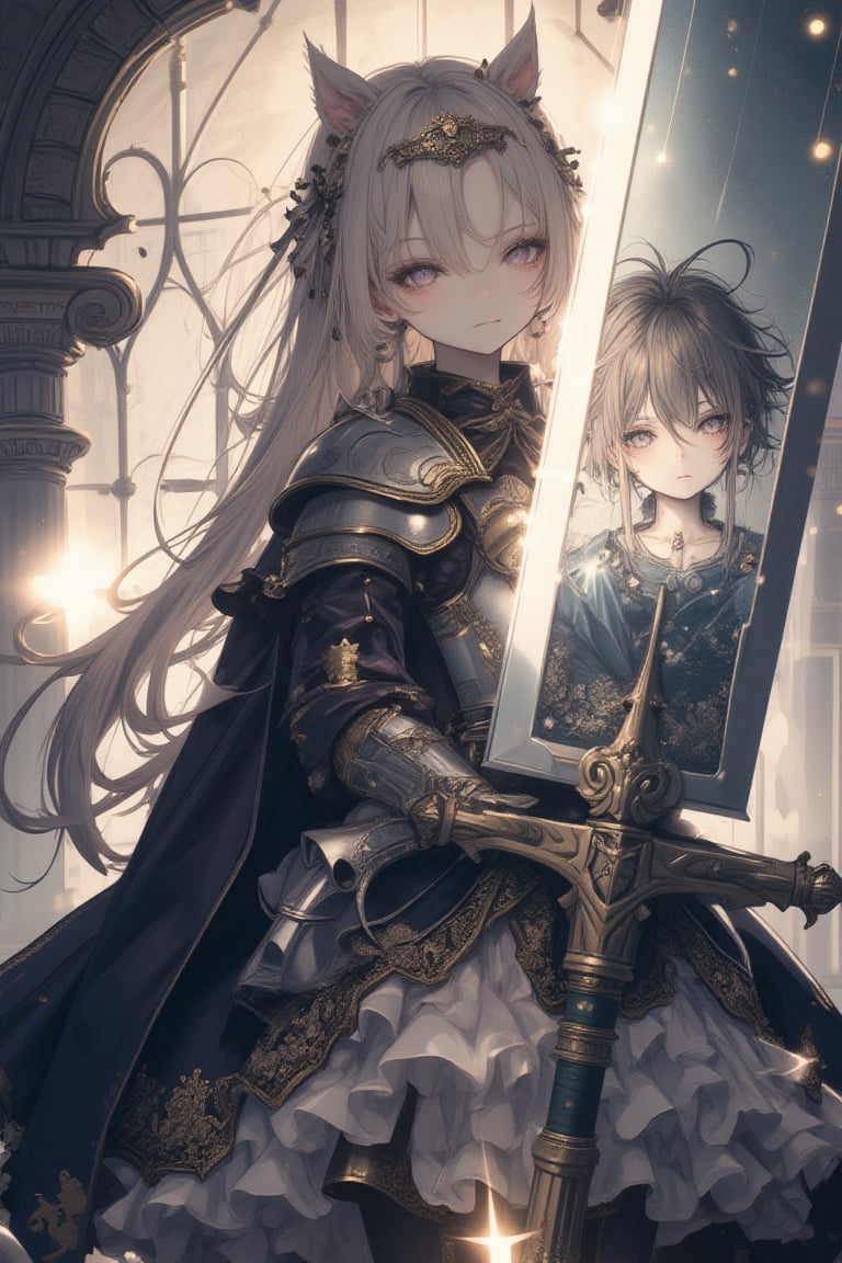 Anime-style illustration, one girl, a cute princess knight with a determined expression. She wields a huge, broad sword that is almost twice her height. The knight wears a delicate tiara adorning her long, flowing hair. Her armor is a mix of ornate plate mail and a frilly dress, balancing strength and femininity,
The blade of the giant sword features a double exposure effect depicting face of a smiling boy with disheveled hair,
The princess knight stands in a heroic pose, her cape billowing dramatically. The background suggests a grand throne room with stained glass windows.
The lighting creates a soft glow around the character, emphasizing her determination and kindness. The sword glows with an otherworldly light,
Art style combines the vibrancy of modern anime with the elegance of classic fairy tale illustrations. Highly detailed 8K resolution with focus on the intricate armor design, expressive faces, and the seamless blend of the double exposure effect.,dal,Crystal Sword,Midjourney_Whisper,hanholo33,polishswordsman