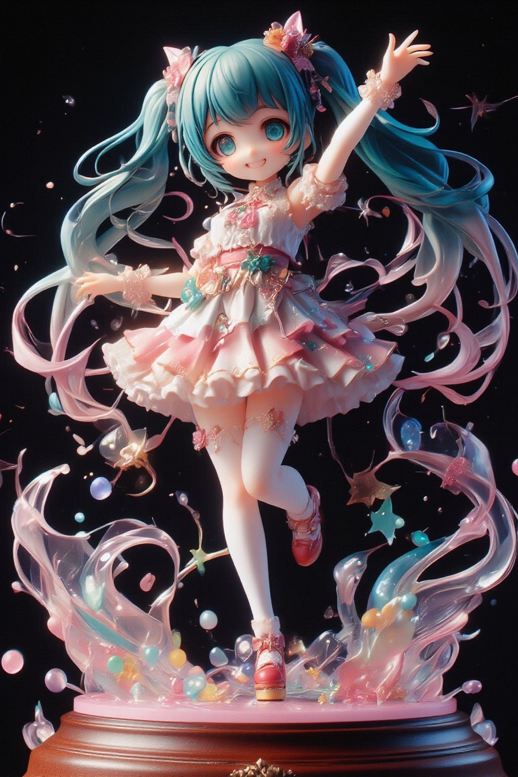 masterpiece, highly detailed, 1/7 scale anime figure, cute anime girl, long twin tails, turquoise hair, blue eyes, white and pink dress, red platform shoes, white thigh-high socks, cheerful expression, raised arm waving, colorful ribbons and bows, transparent swirls, star shapes, magical girl aesthetic, vibrant colors, pink and blue color scheme, dynamic pose, standing on circular base, translucent effects, shiny surfaces, intricate details, professional lighting, dark background, product photography style, sharp focus, high quality, 8k resolution,create figure 2