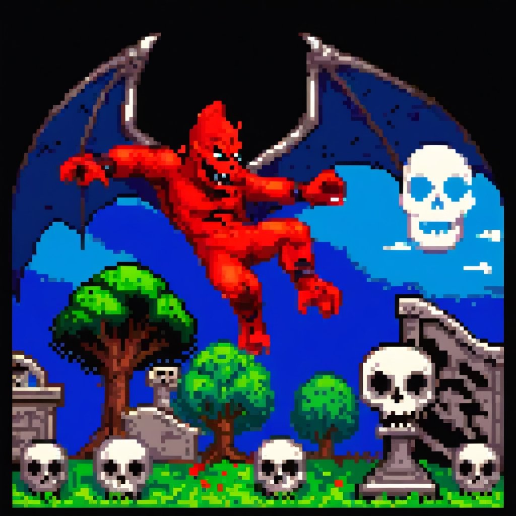 red arremer, the male red demon,flyiing up in the sky,diving down on the viewer,dissolving into pixels,
cemetery background,
Pixel art,pixel art,,<lora:659095807385103906:1.0>